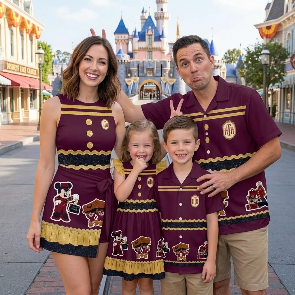 Disney Hollywood Tower Hotel Family Matching Outfit, Burgundy Bellhop Dress & Shirt Set, Mother Daughter Father Son Matching Outfit, Disney Inspired Theme Park Vacation Clothing