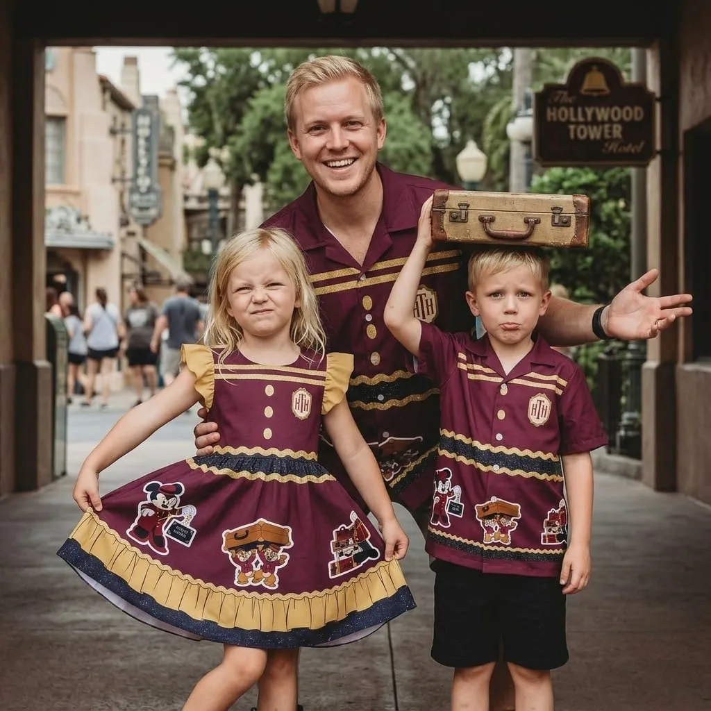 Family Matching Outfit, Burgundy & Gold Matching Dress and Shirt Set, Mom Dad Kids Coordinating Outfits, Theme Park Family Vacation Clothing - Image 2