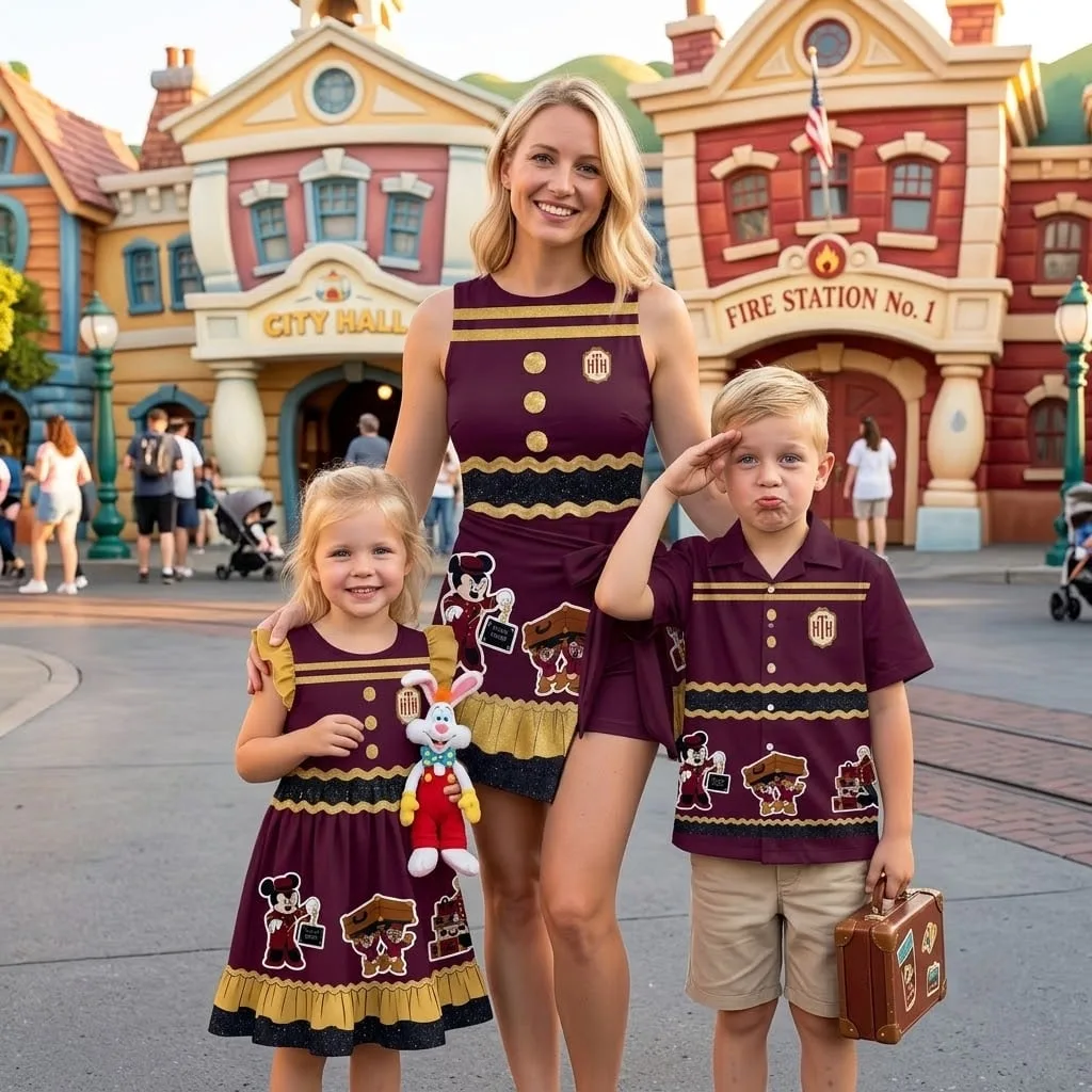 Family Matching Outfit, Burgundy & Gold Matching Dress and Shirt Set, Mom Dad Kids Coordinating Outfits, Theme Park Family Vacation Clothing - Image 4