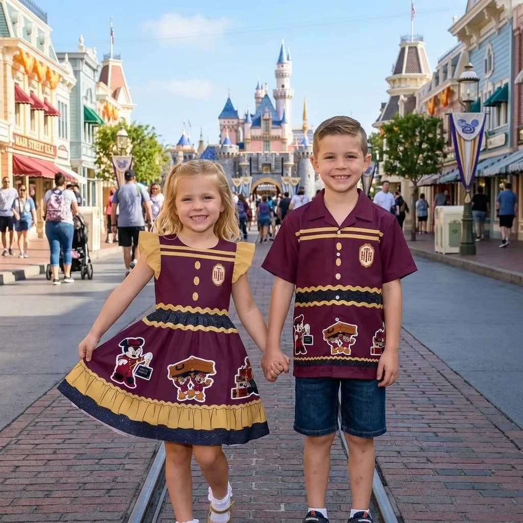Family Matching Outfit, Burgundy & Gold Matching Dress and Shirt Set, Mom Dad Kids Coordinating Outfits, Theme Park Family Vacation Clothing - Image 3