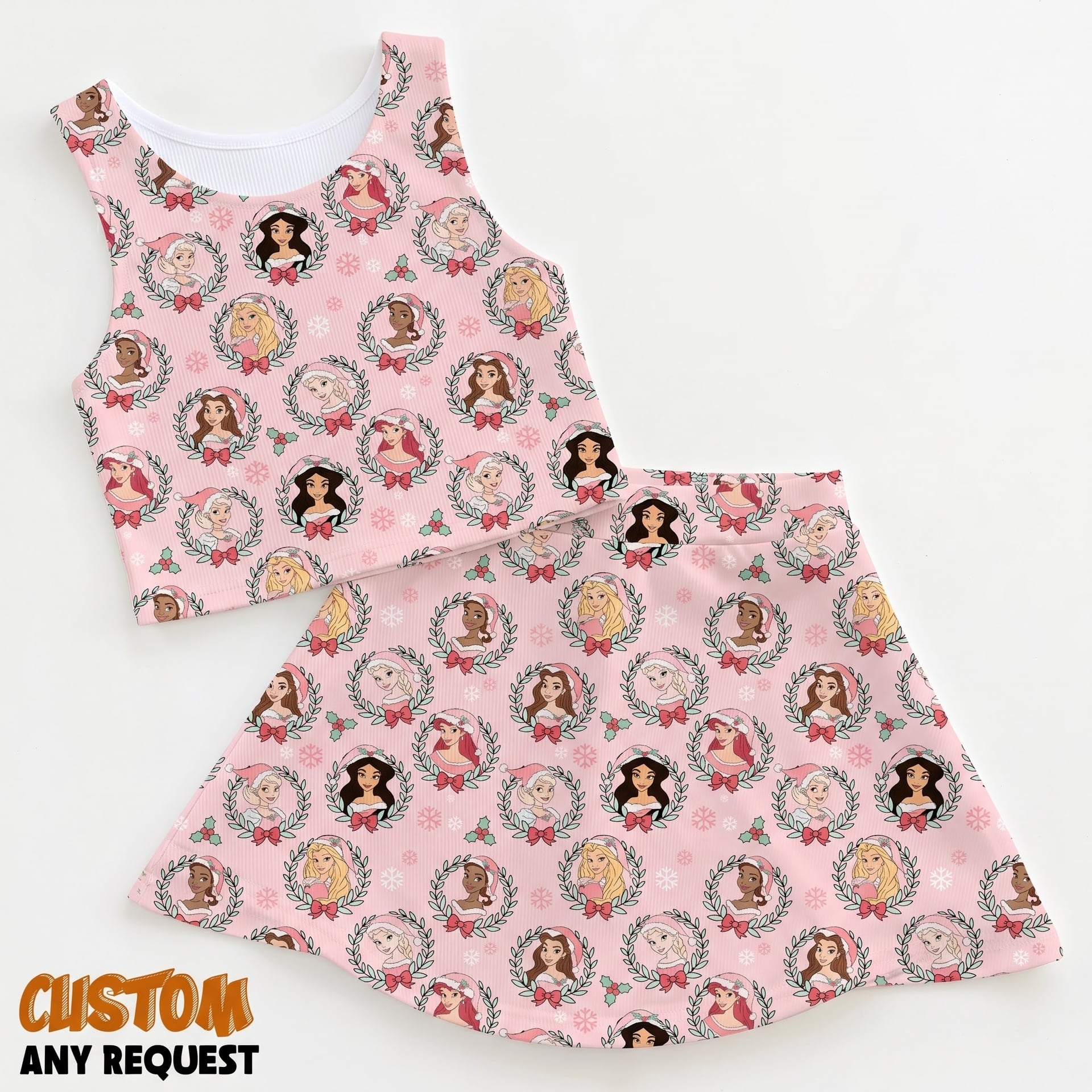 Disney Princess Dress Set, Pink Princess Character Print Two Piece Dress Set, Mother Daughter Matching Outfit, Disney Inspired Theme Park Vacation Clothing