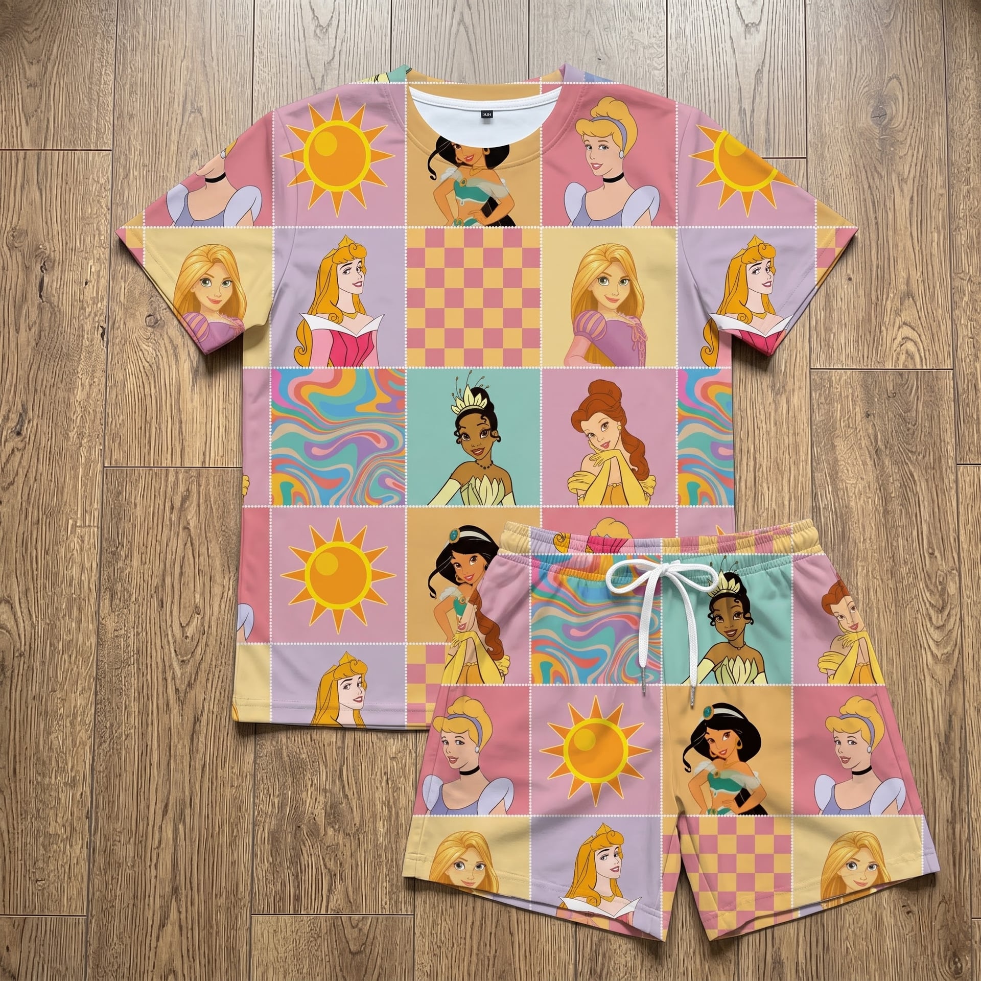 Disney Princess Inspired Summer Loungewear Set, Cute Princess Patchwork Pajama Outfit Matching Sleepwear Gift for Disney Fans, Cozy Short Sleeve Top and Shorts Set