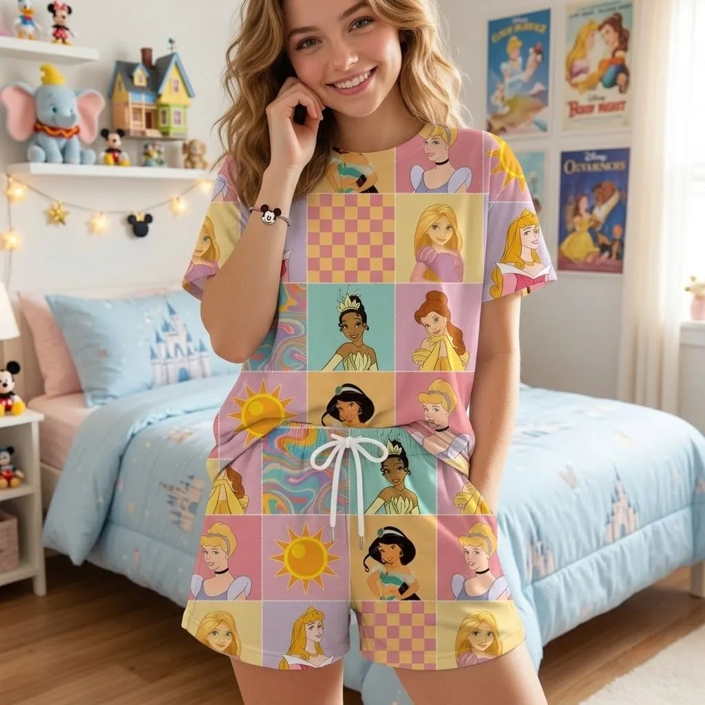 Princess Disney Summer Loungewear Set, Princess Patchwork Pajama Outfit - Image 4
