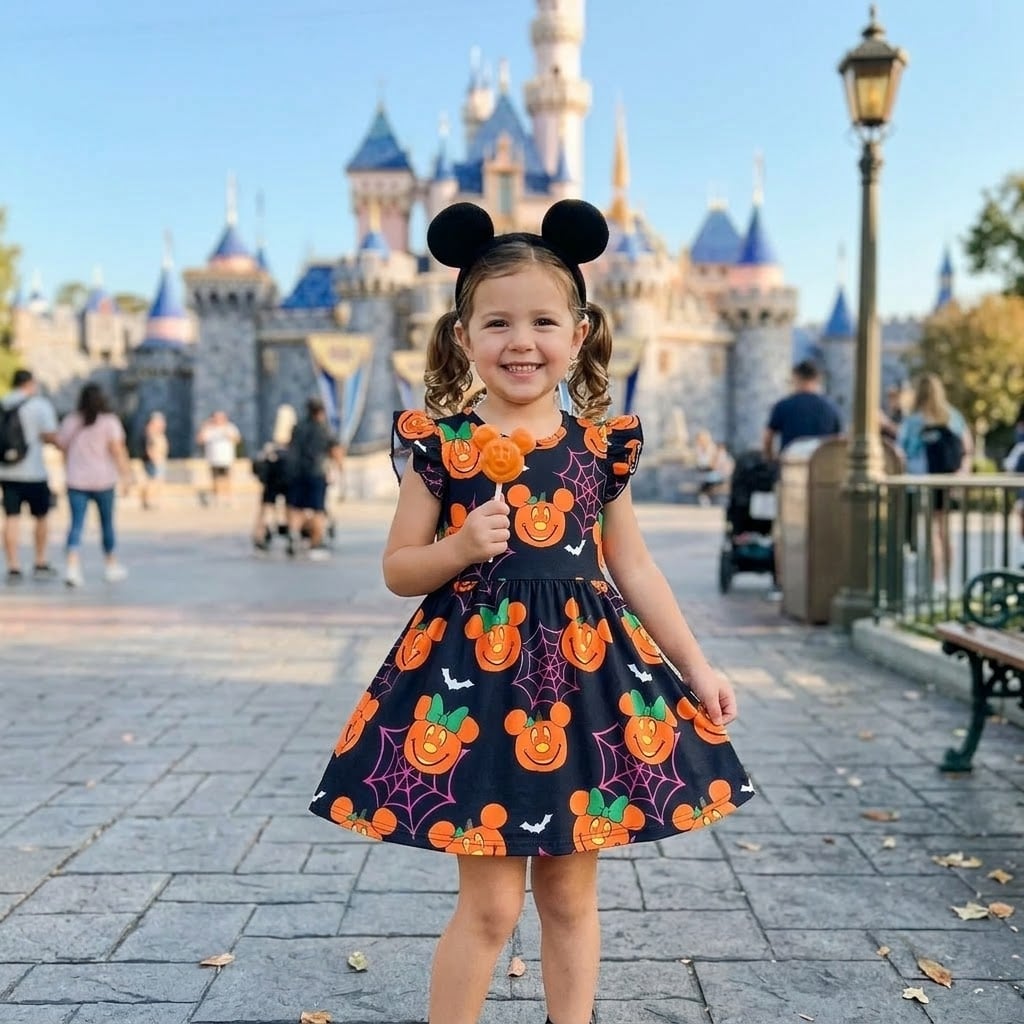Halloween Mickey Pumpkin Ruffle Dress, Cute Spooky Mouse Pumpkin Print Dress for Girls, Halloween Party Outfit, Disney Inspired Vacation Gift
