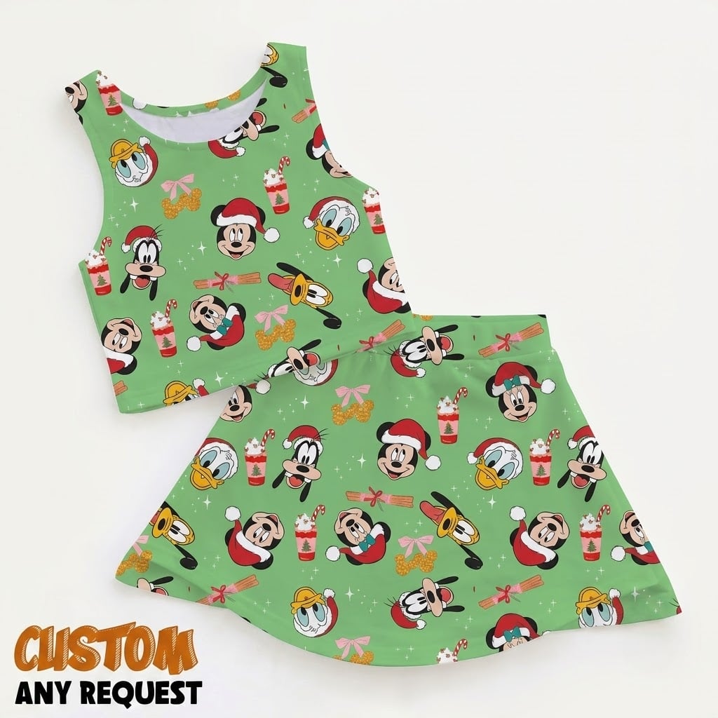 Christmas Mickey Inspired Tennis Dress Skirt, Green Holiday Character Print Outfit, Cute Christmas Vacation Dress for Women Girls, Festive Gift