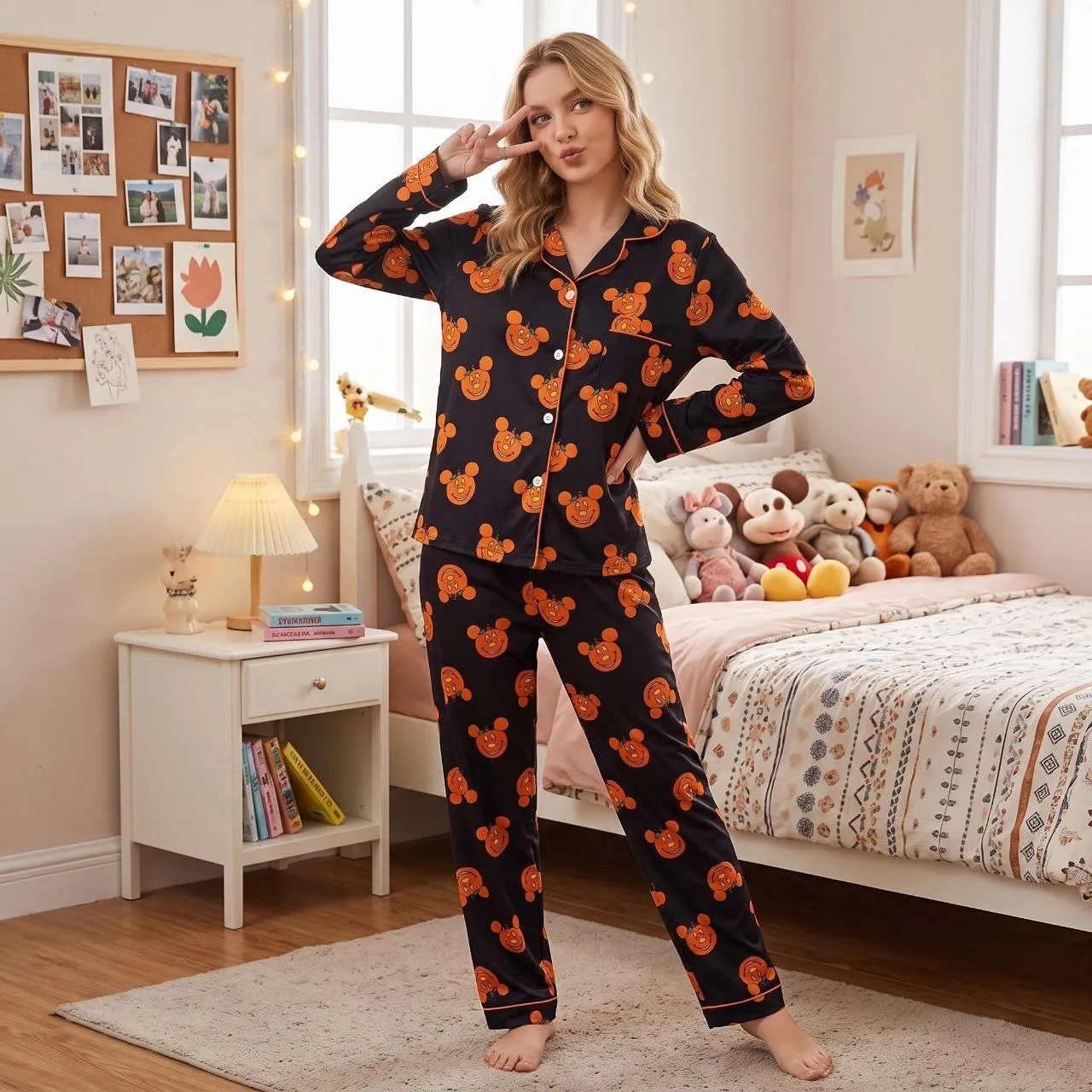 Black Halloween Satin Pajama Set, Mickey Pumpkin Print Sleepwear, Cute Cartoon Loungewear For Women - Image 3
