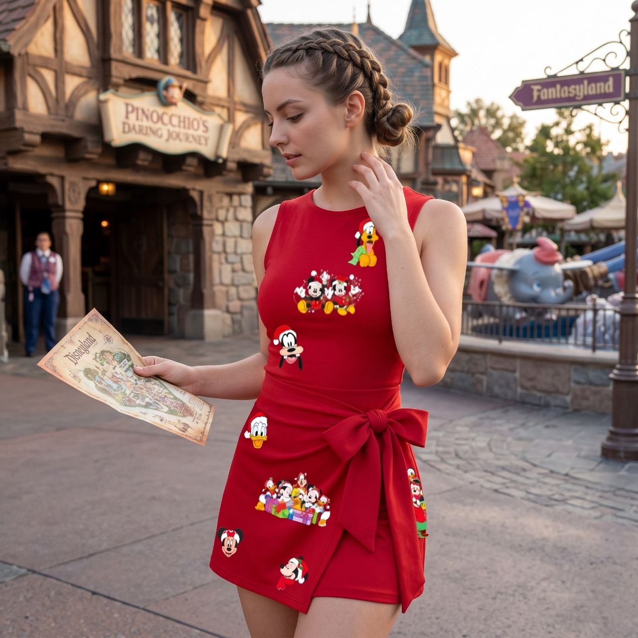 Mickey & Friends Christmas Tennis Dress, Holiday Cartoon Character Skort Dress, Theme Park Vacation Outfit, Cute Red Christmas Dress, Magical Travel Clothing - Image 2