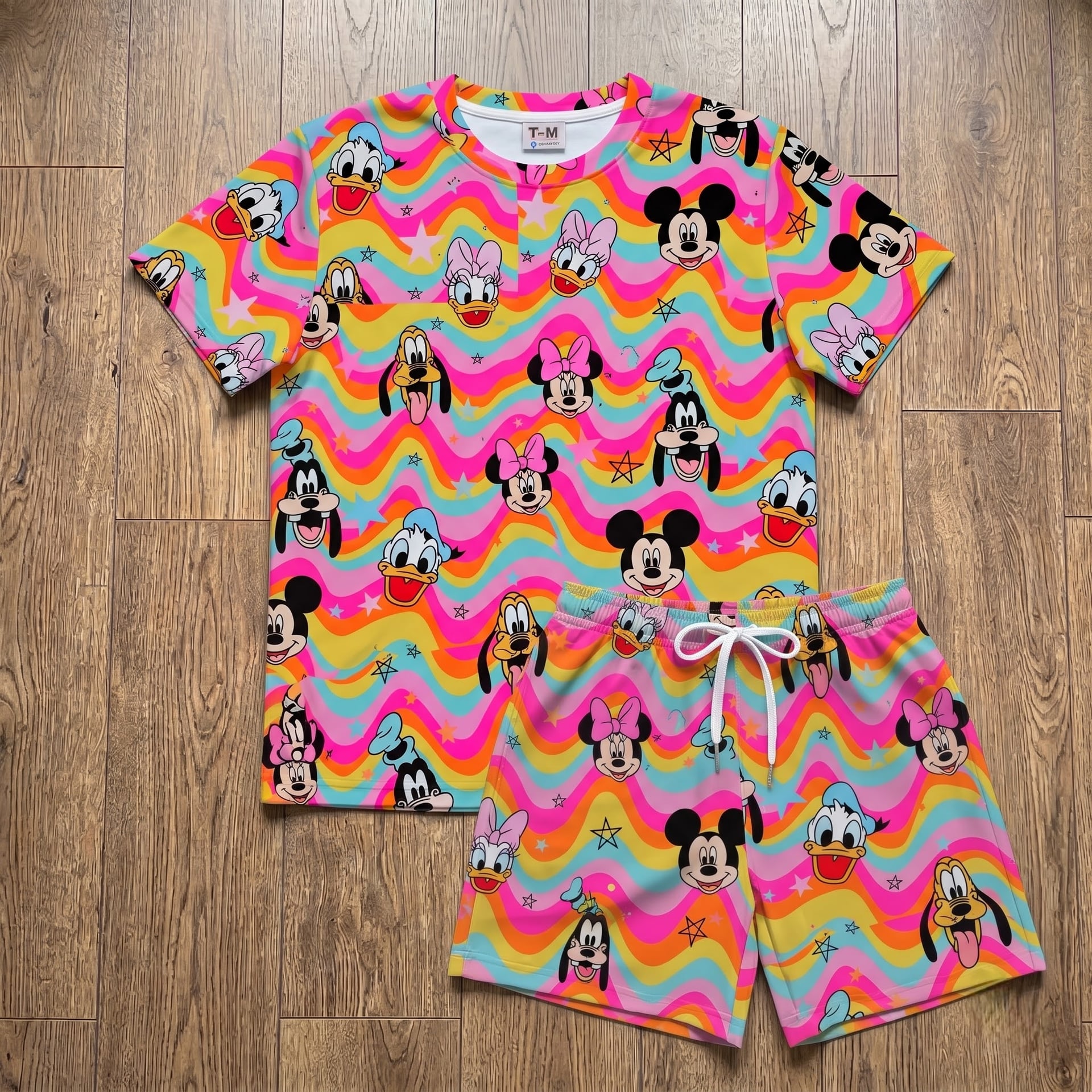 Mickey & Friends Inspired Summer Loungewear Set, Colorful Rainbow Wave Star Character Print Pajama Outfit, Cozy Short Sleeve Top and Shorts Set for Disney Fans