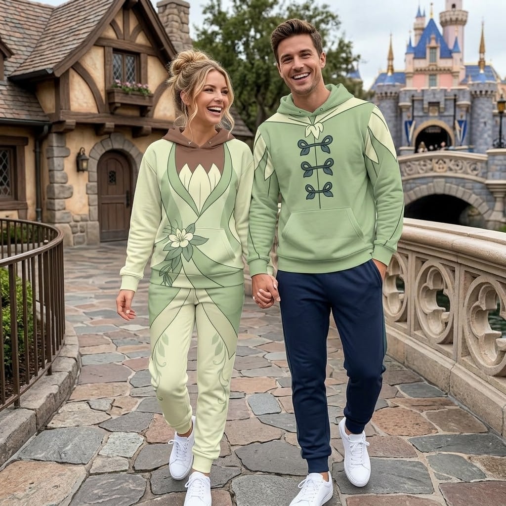 Princess Tiana & Prince Naveen Inspired Hoodie Jogger Set, Green Lily Flower Frog Princess Matching Couple Tracksuit, Disney Park Outfit Men Women