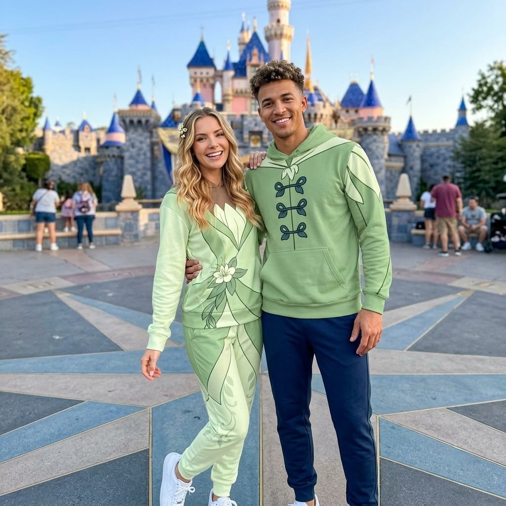 Princess Tiana & Prince Naveen Inspired Hoodie Jogger Set, Green Lily Flower Frog Princess Matching Couple Tracksuit, Disney Park Outfit Men Women - Image 4