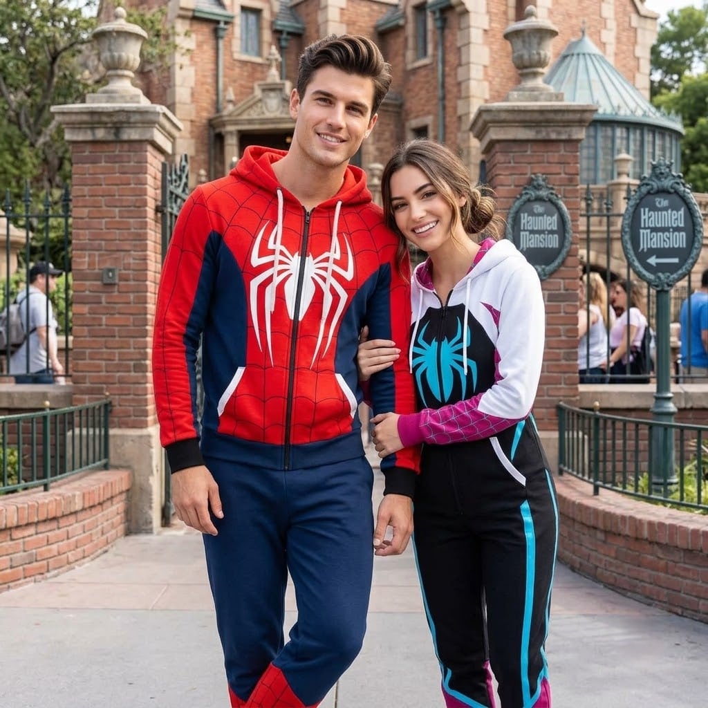 Spider-Man & Spider Gwen Inspired Hoodie Jogger Set, Red Blue Pink Web Superhero Tracksuit, Matching Couple Sweatshirt Pants, Theme Park Outfit Men Women