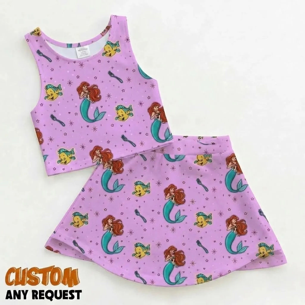 Little Mermaid Ariel & Flounder Inspired Summer Dress Set, Seashell Star & Under the Sea Character Print Outfit, Cute Disney Vacation Dress for Women Girls