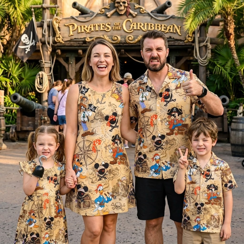 Mickey Pirate Family Matching Outfit, Map & Friends Print, Disney Cruise Vacation Clothing
