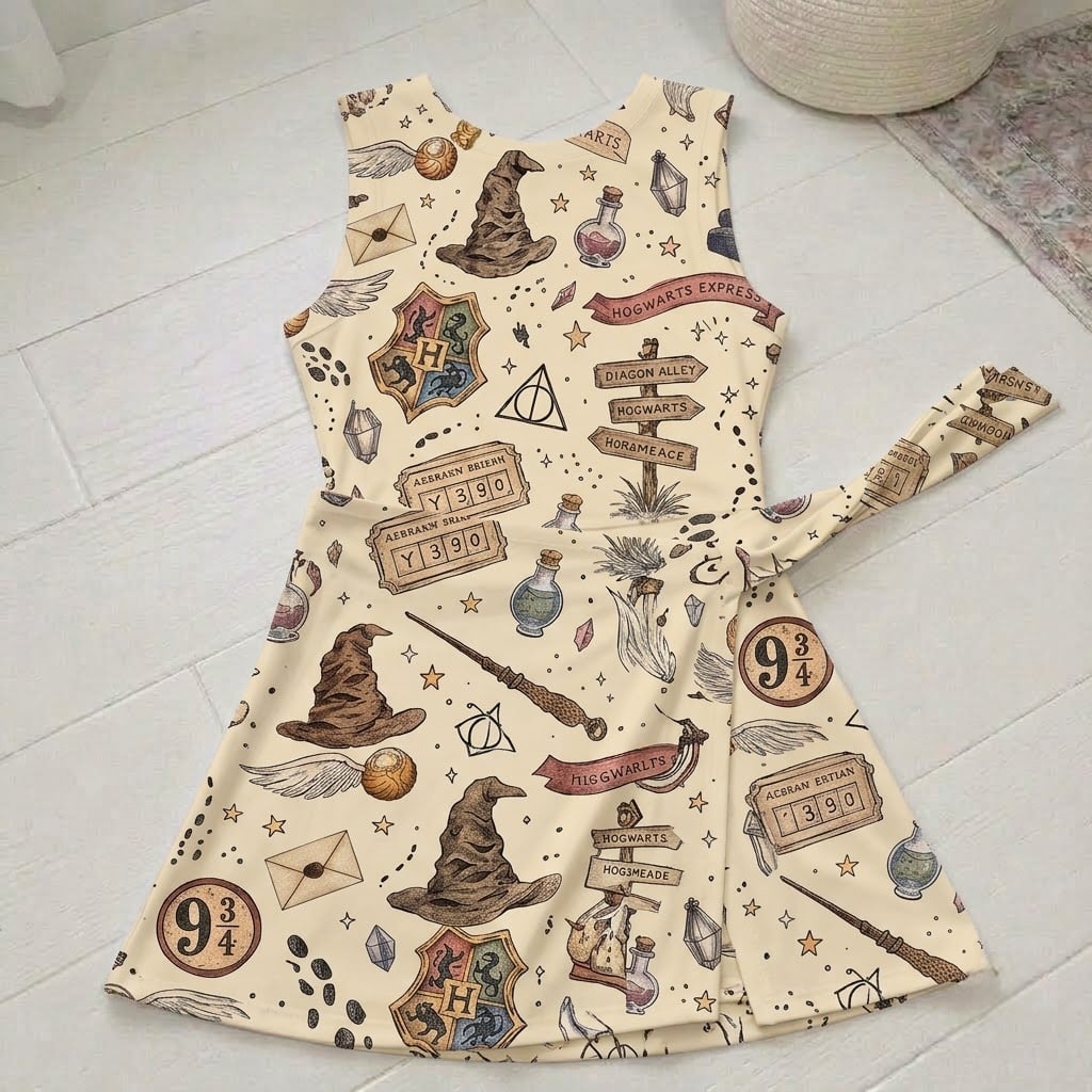 Harry Potter Magic Tennis Dress Skirt, Wizard Hat Wand Star Pattern Magical Inspired Dress - Image 2