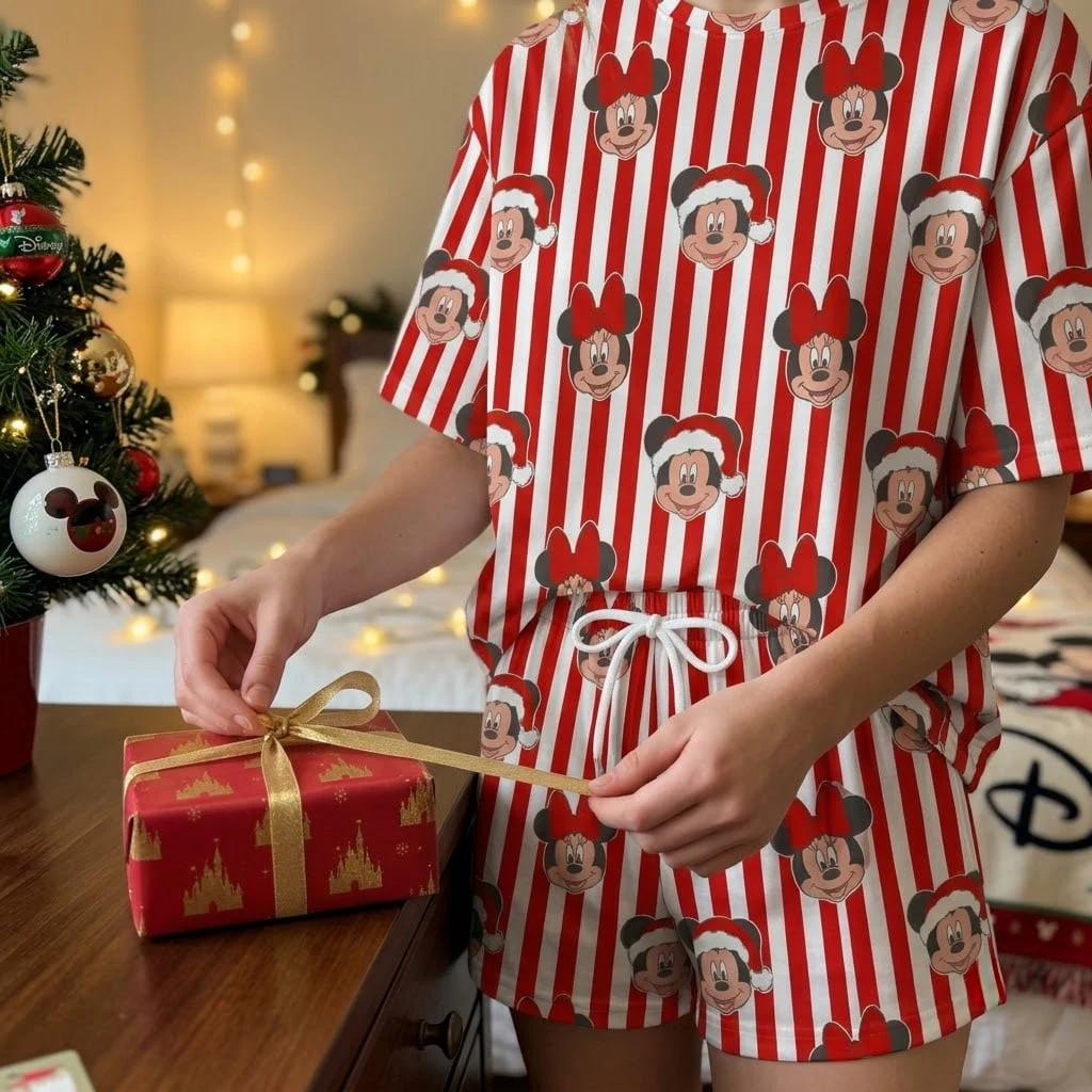 Mickey & Minnie Santa Christmas Heavyweight Loungewear Set, Red White Stripe Pajama Outfit - Image 5