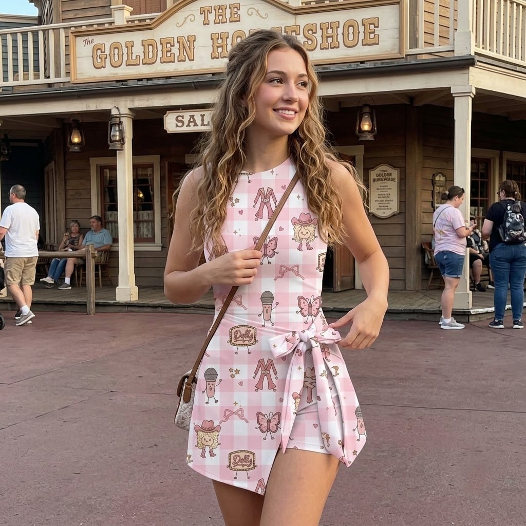 Pink Cowgirl Dress Skirt, Cute Western Dolly Character Print, Theme Park Vacation Outfit