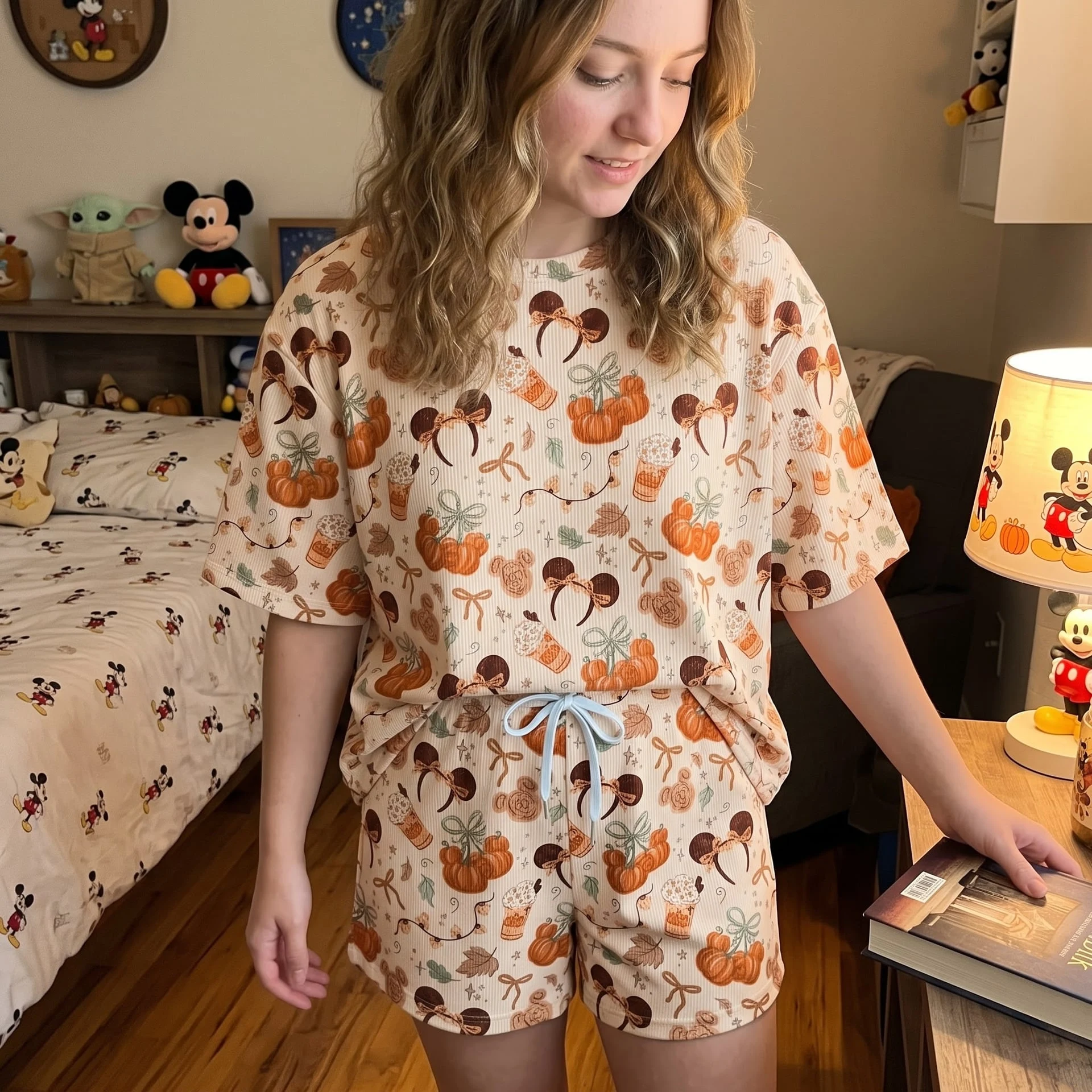 Mickey Fall Waffle Loungewear Set, Pumpkin & Coffee Pajama Outfit, Cozy Heavyweight Set - Image 2