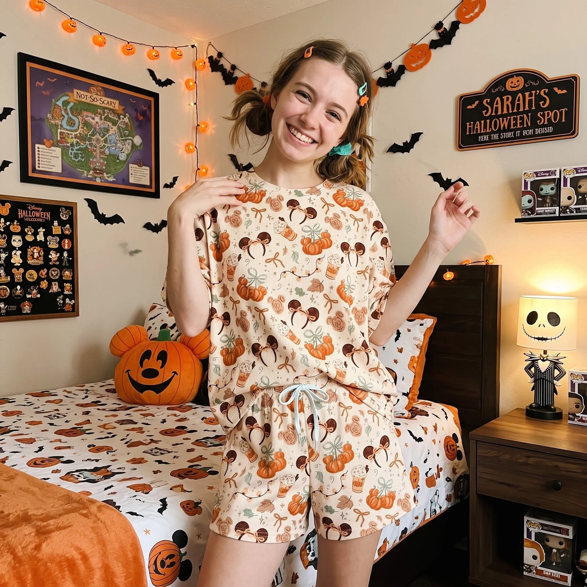 Mickey Fall Waffle Loungewear Set, Pumpkin & Coffee Pajama Outfit, Cozy Heavyweight Set - Image 3