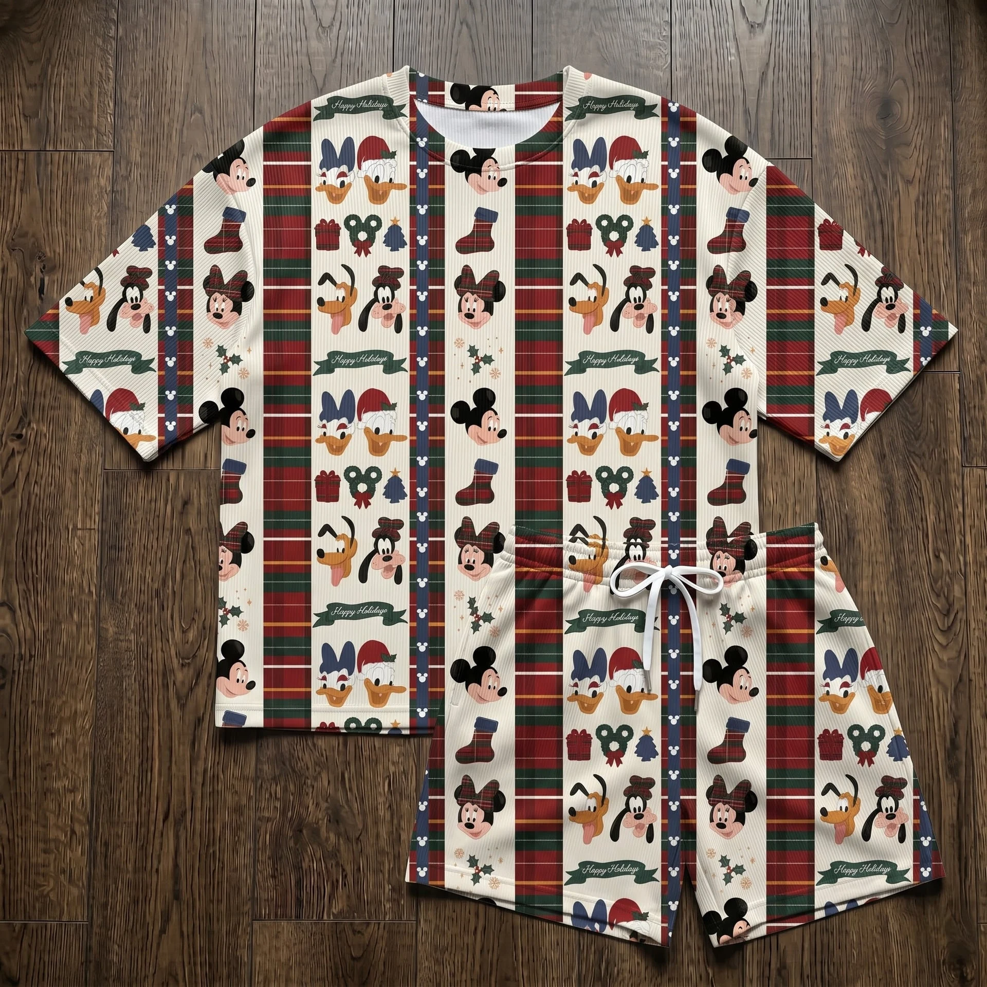 Mickey & Friends Christmas Waffle Loungewear Set, Holiday Plaid Pajama Outfit, Cozy Heavyweight Set