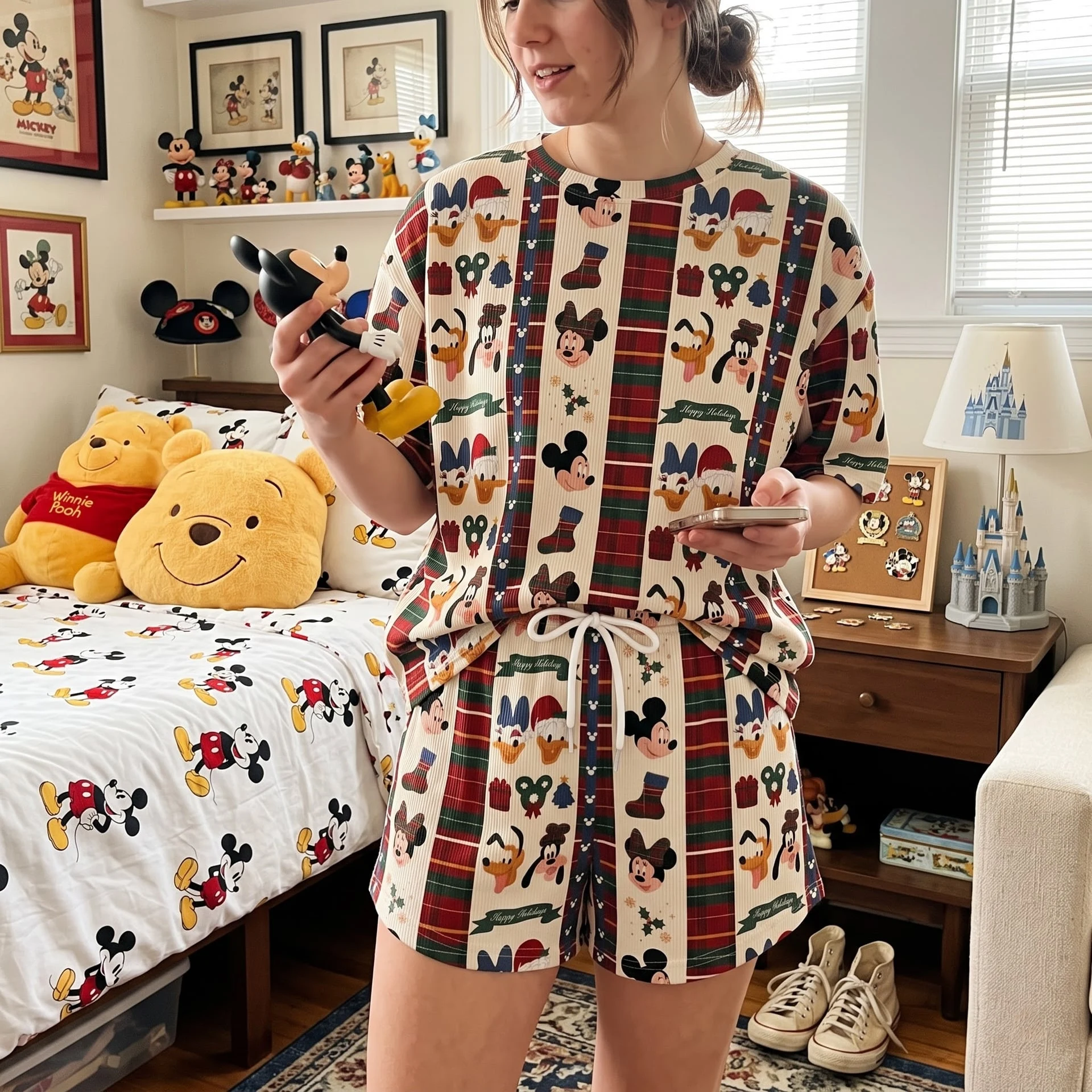 Mickey & Friends Christmas Waffle Loungewear Set, Holiday Plaid Pajama Outfit, Cozy Heavyweight Set - Image 3