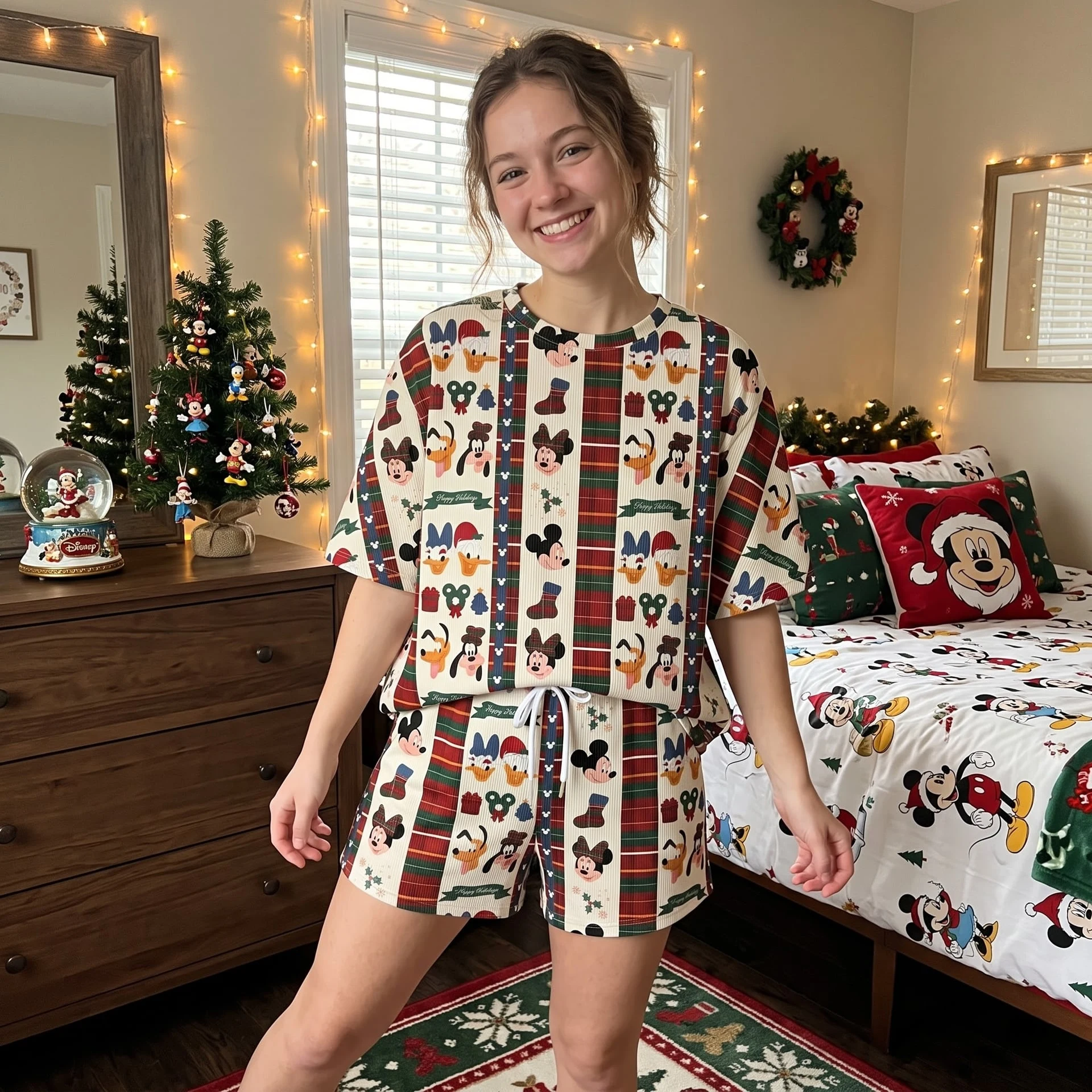 Mickey & Friends Christmas Waffle Loungewear Set, Holiday Plaid Pajama Outfit, Cozy Heavyweight Set - Image 4