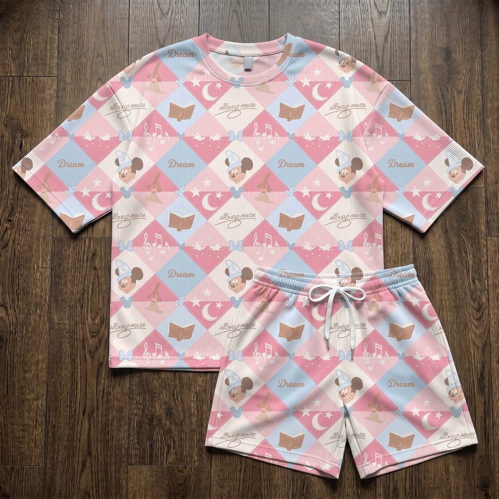 Mickey Dream Waffle Loungewear Set, Pastel Pink Blue Argyle Pajama Outfit, Cozy Heavyweight Set