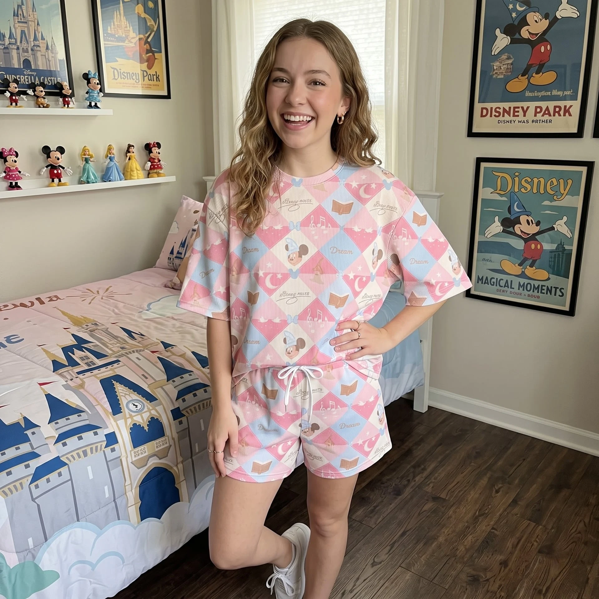 Mickey Dream Waffle Loungewear Set, Pastel Pink Blue Argyle Pajama Outfit, Cozy Heavyweight Set - Image 2