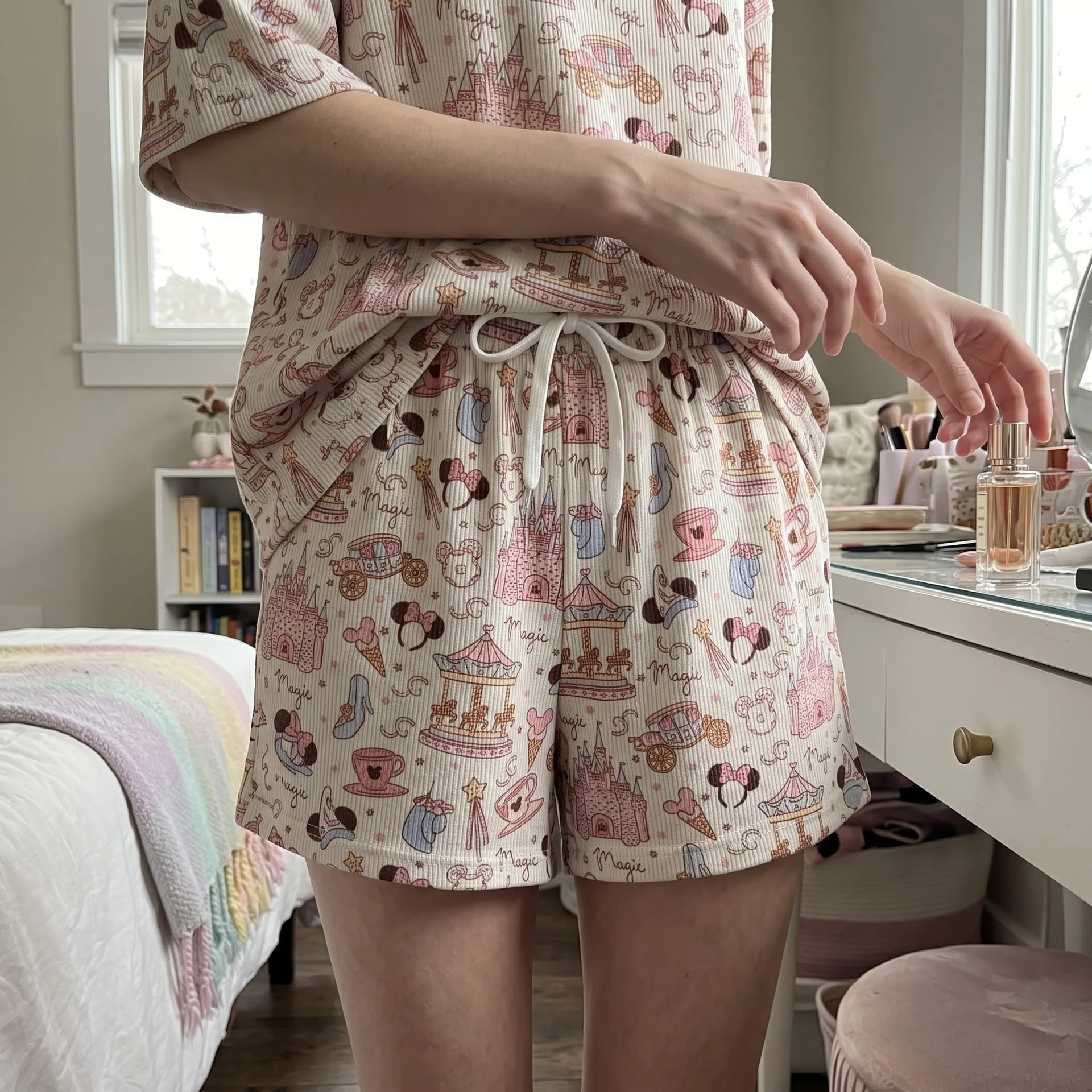 Minnie Magic Waffle Loungewear Set, Pink Castle Carousel & Mouse Ear Print Pajama Outfit, Cozy Heavyweight Set - Image 2