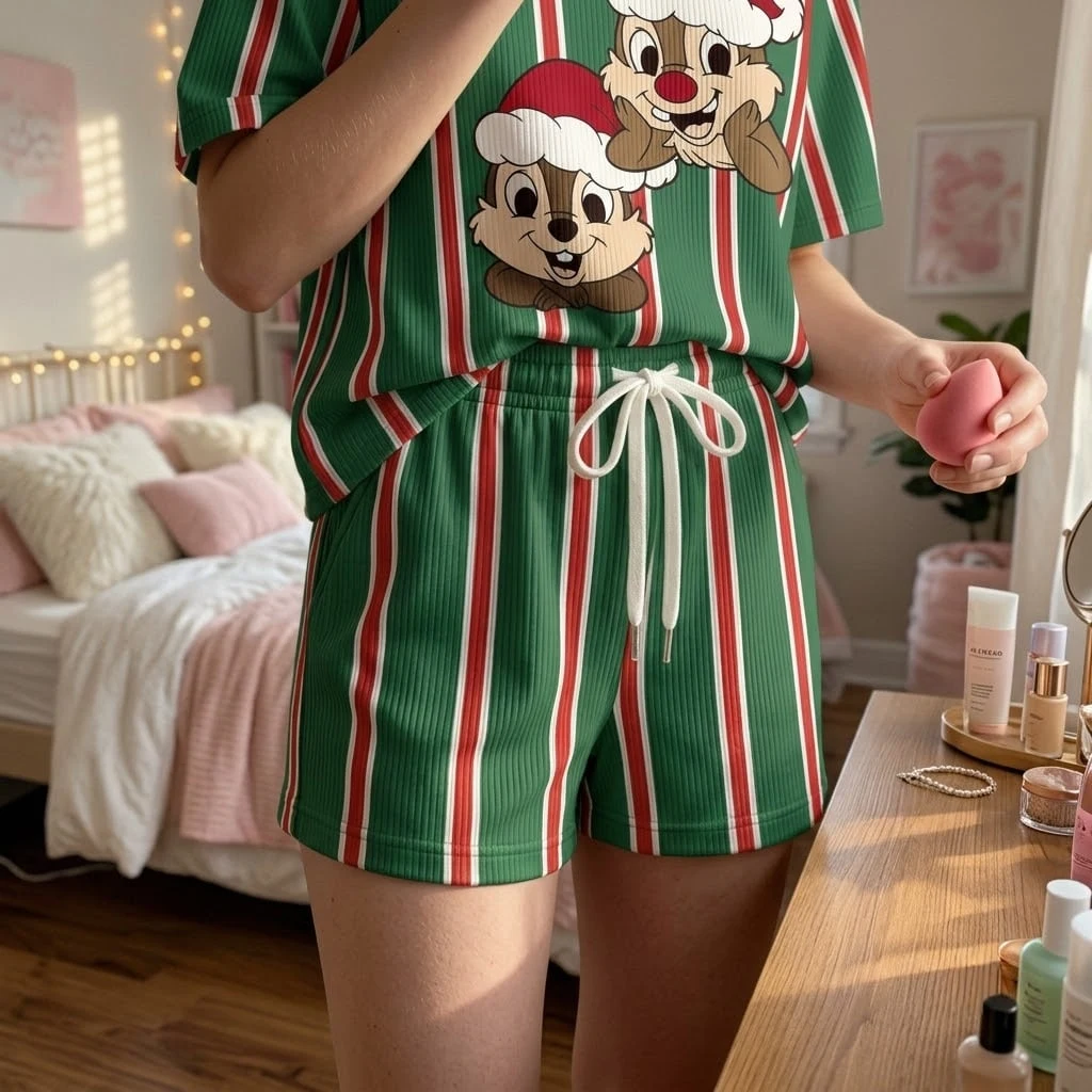 Chip & Dale Christmas Waffle Loungewear Set, Santa Hat & Green Red Stripe Character Pajama Outfit, Cozy Heavyweight Set - Image 2