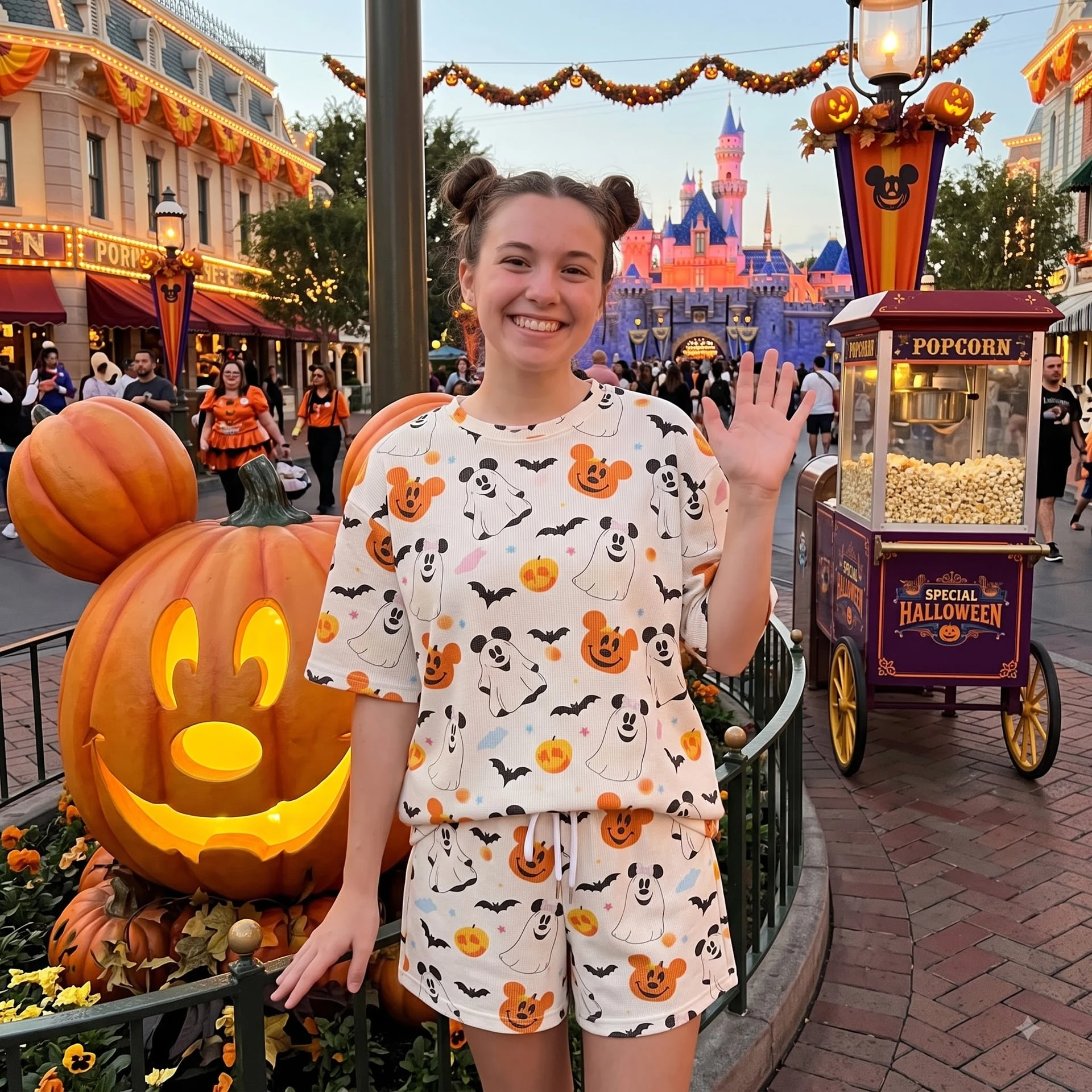 Mickey Halloween Waffle Loungewear Set, Ghost Pumpkin & Bat Character Print Pajama Outfit, Cozy Heavyweight Set - Image 5