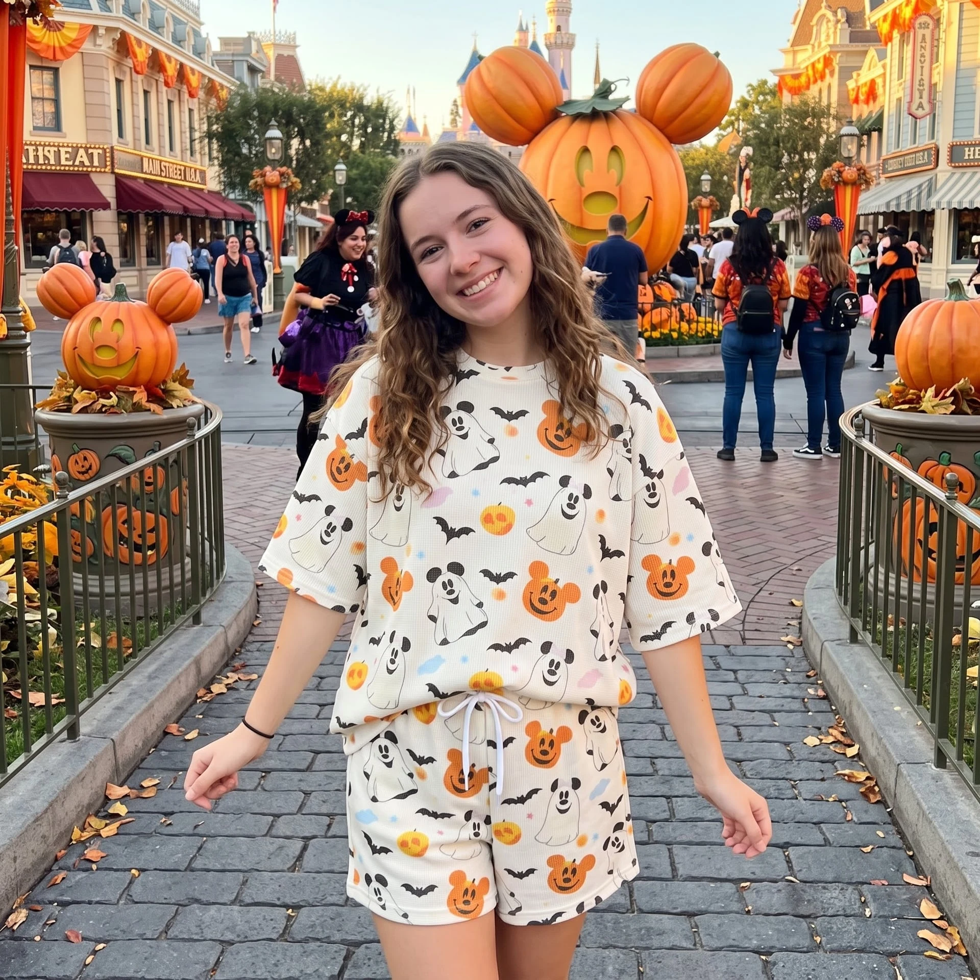 Mickey Halloween Waffle Loungewear Set, Ghost Pumpkin & Bat Character Print Pajama Outfit, Cozy Heavyweight Set - Image 4