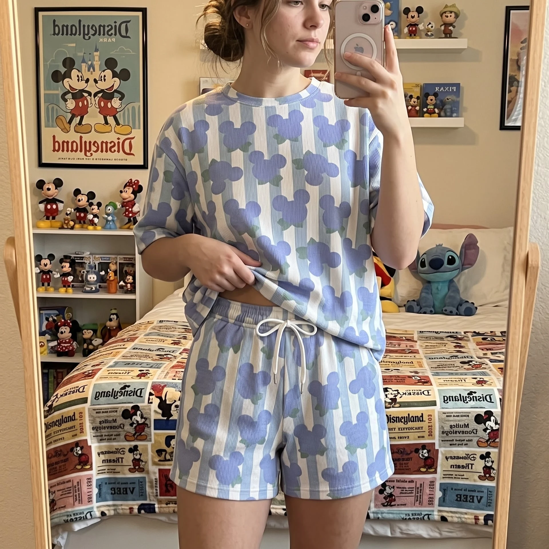 Mickey Blueberry Waffle Loungewear Set, Blue Mouse Head & Striped Fruit Print Pajama Outfit, Cozy Heavyweight Set - Image 2