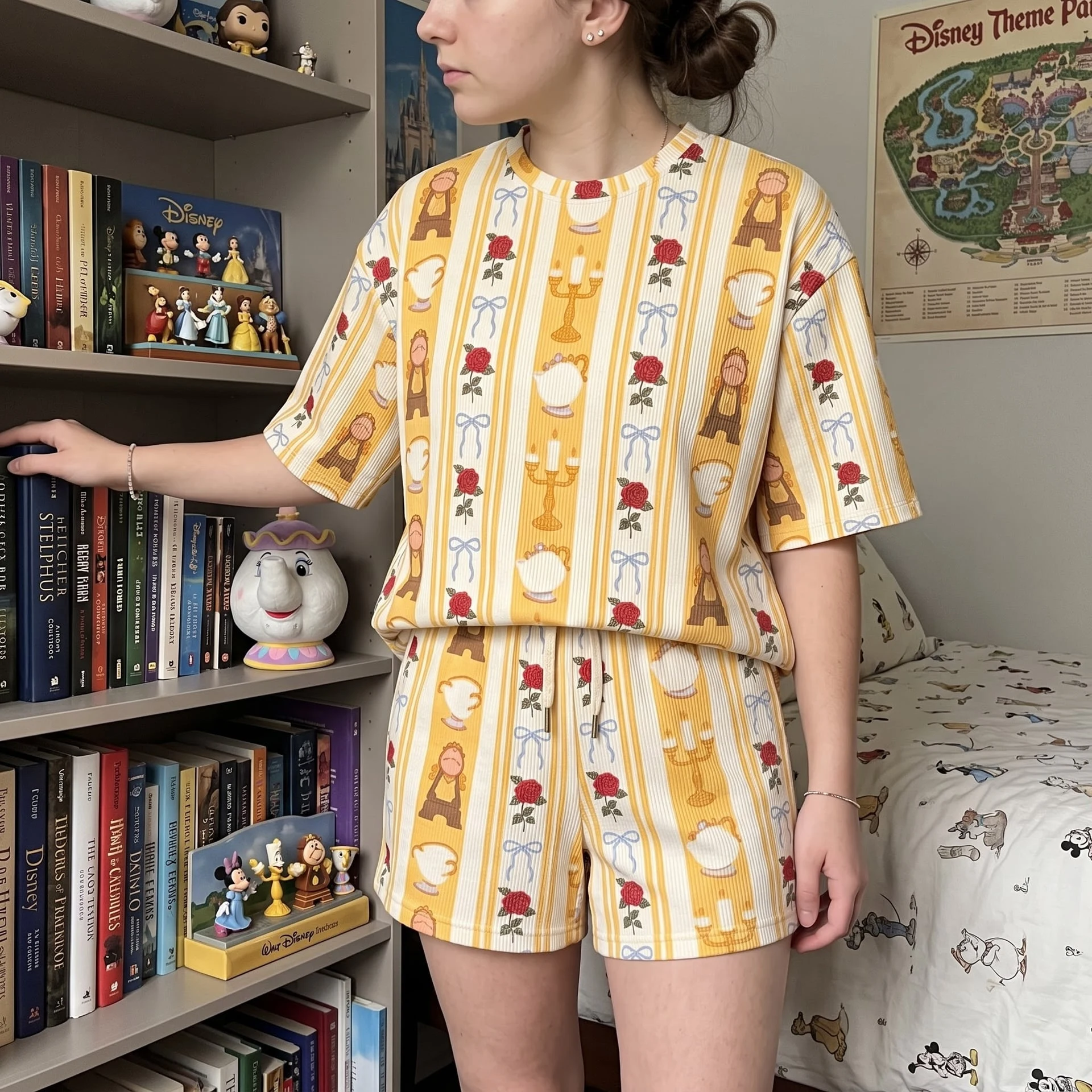 Beauty and the Beast Waffle Loungewear Set, Rose Lumiere Cogsworth & Mrs. Potts Print Pajama Outfit, Cozy Heavyweight Set - Image 3