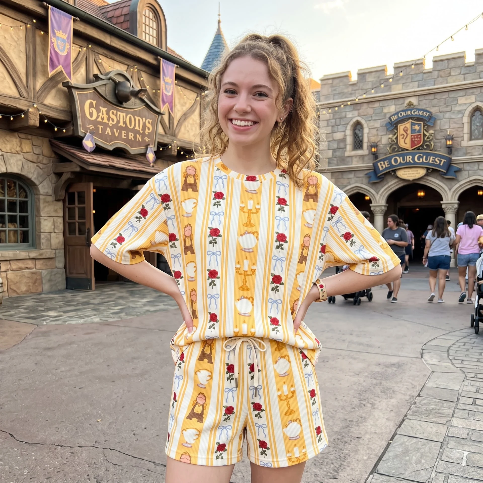 Beauty and the Beast Waffle Loungewear Set, Rose Lumiere Cogsworth & Mrs. Potts Print Pajama Outfit, Cozy Heavyweight Set - Image 5