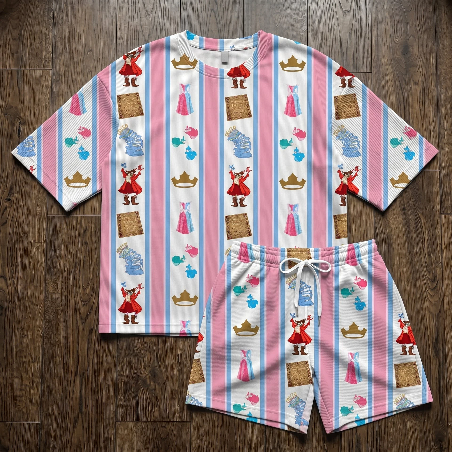 Mickey Blueberry Waffle Loungewear Set, Blue Mouse Head & Striped Fruit Print Pajama Outfit, Cozy Heavyweight Set