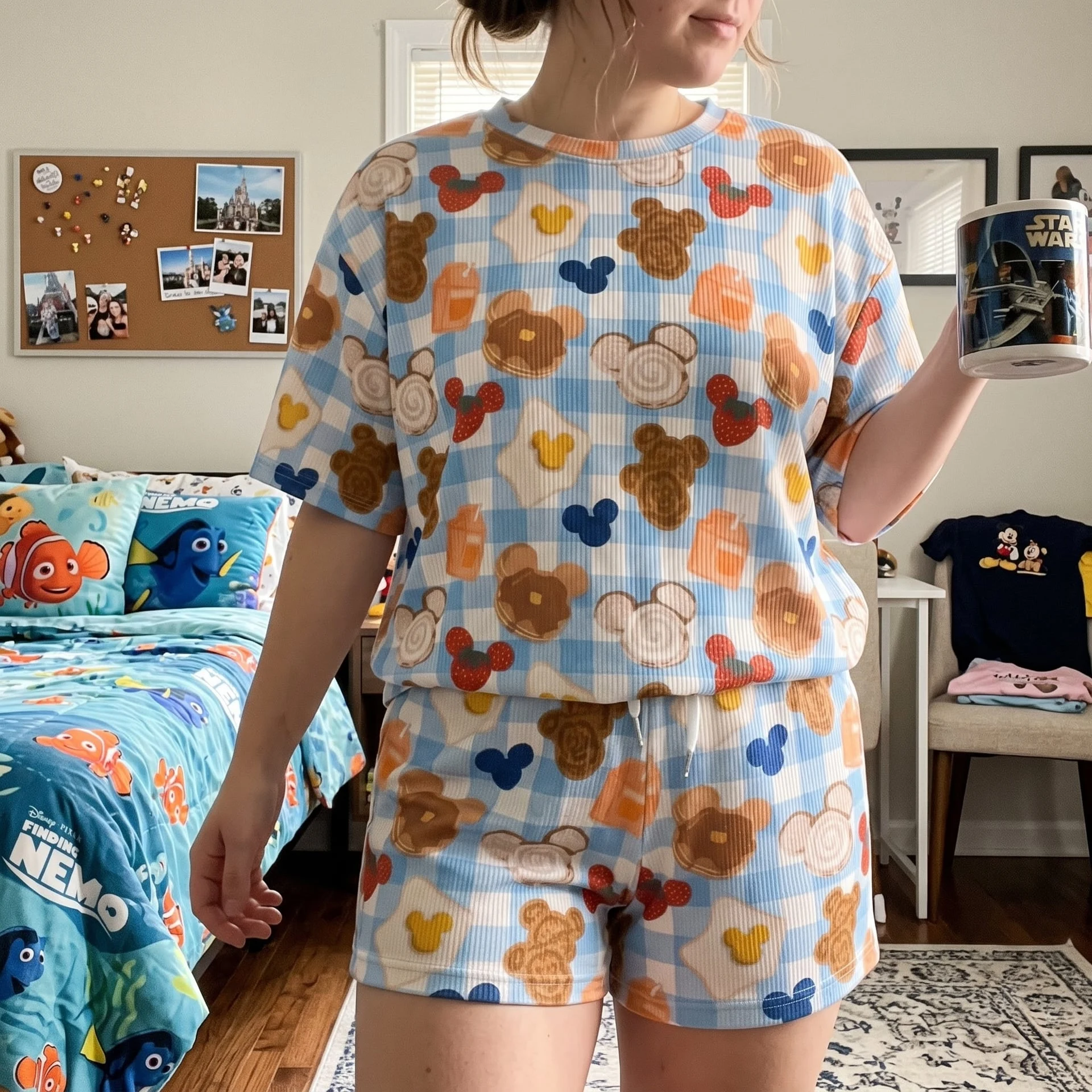 Mickey Breakfast Waffle Loungewear Set, Pancake Strawberry & Blue Gingham Character Print Pajama Outfit, Cozy Heavyweight Set - Image 2