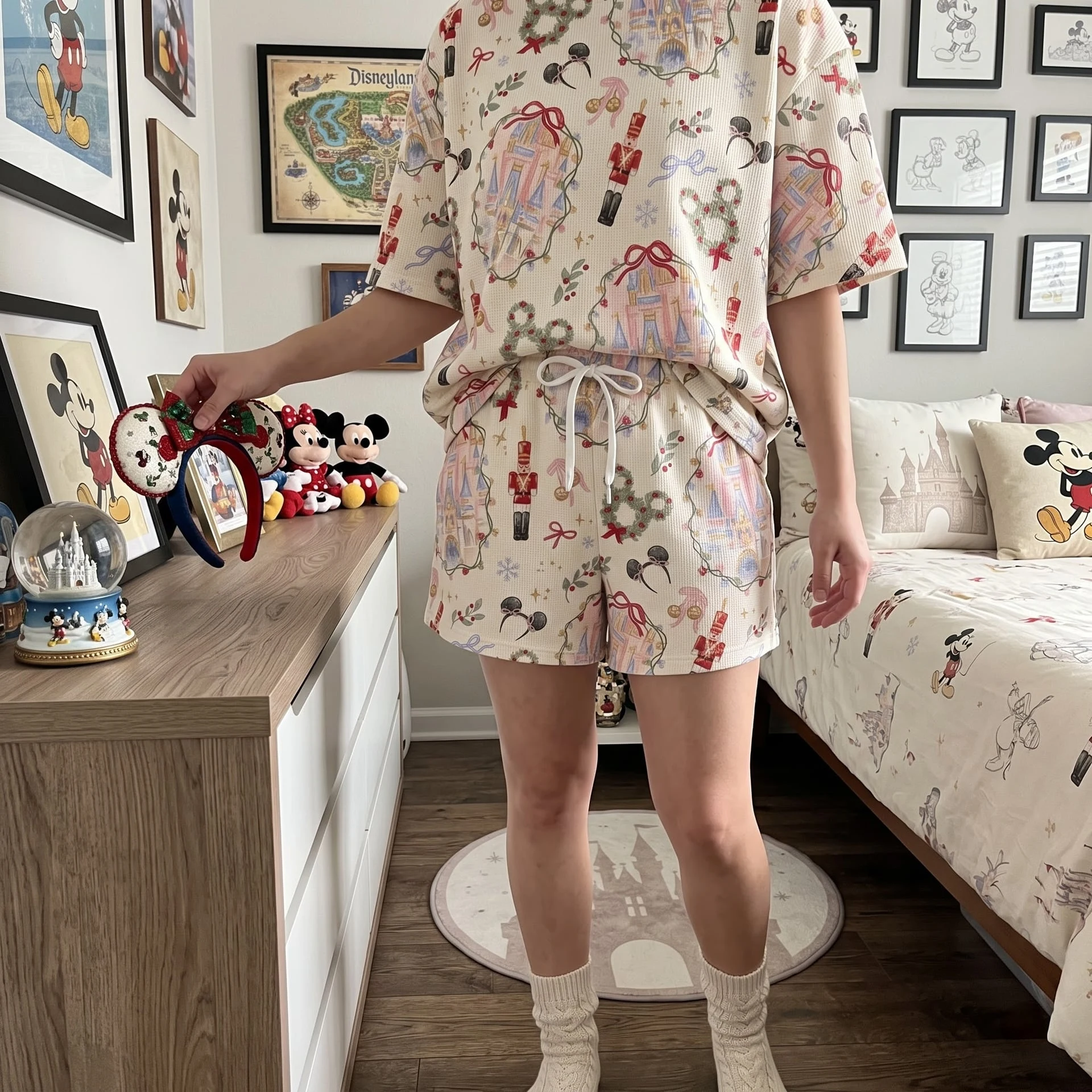 Mickey Christmas Waffle Loungewear Set, Castle Nutcracker Wreath & Holiday Mouse Ear Print Pajama Outfit, Cozy Heavyweight Set - Image 4