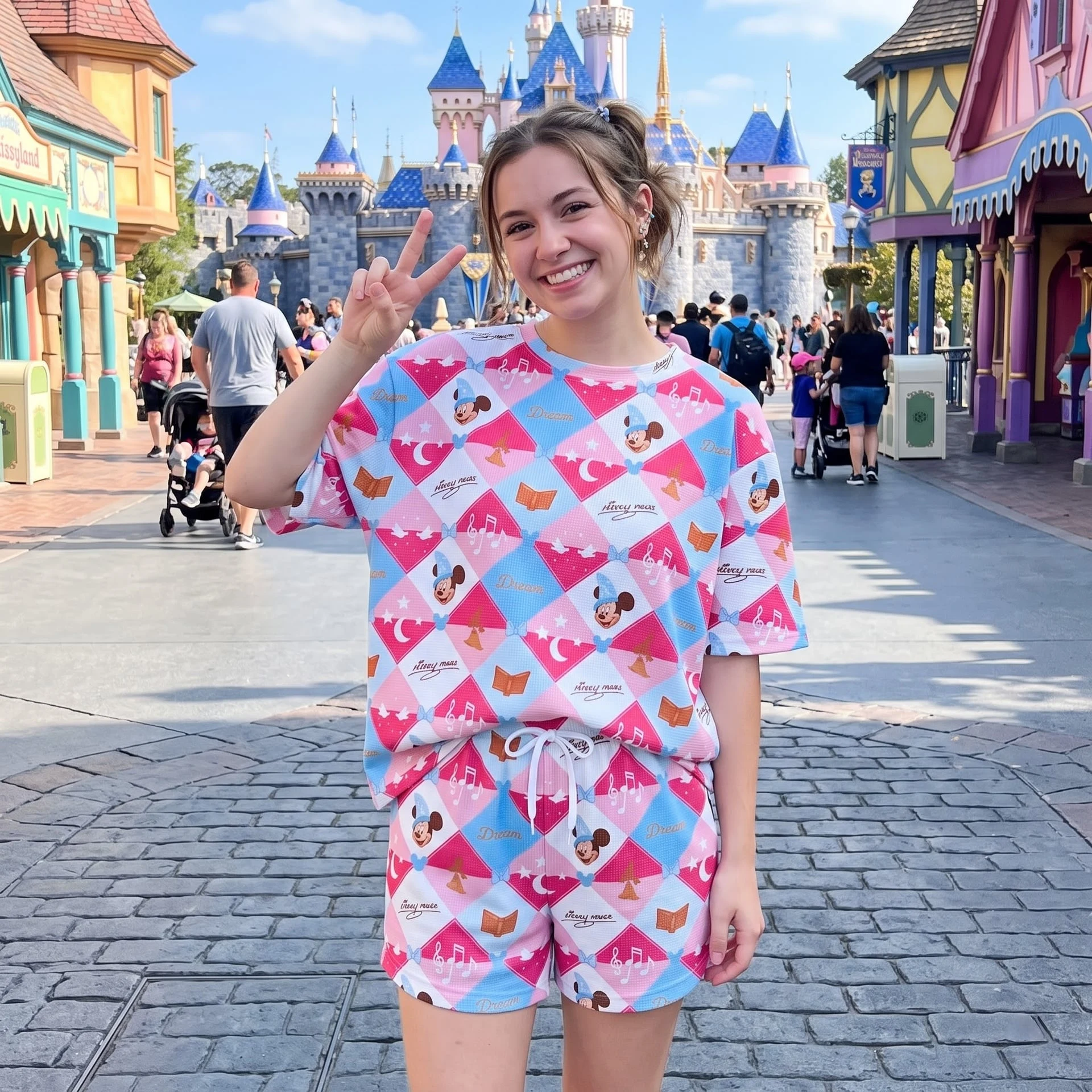 Mickey Dream Waffle Loungewear Set, Pastel Pink Blue Argyle Magic & Sorcerer Mouse Print Pajama Outfit, Cozy Heavyweight Set - Image 2