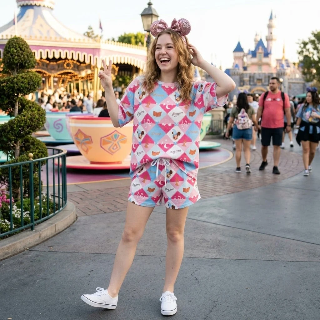 Mickey Dream Waffle Loungewear Set, Pastel Pink Blue Argyle Magic & Sorcerer Mouse Print Pajama Outfit, Cozy Heavyweight Set - Image 3
