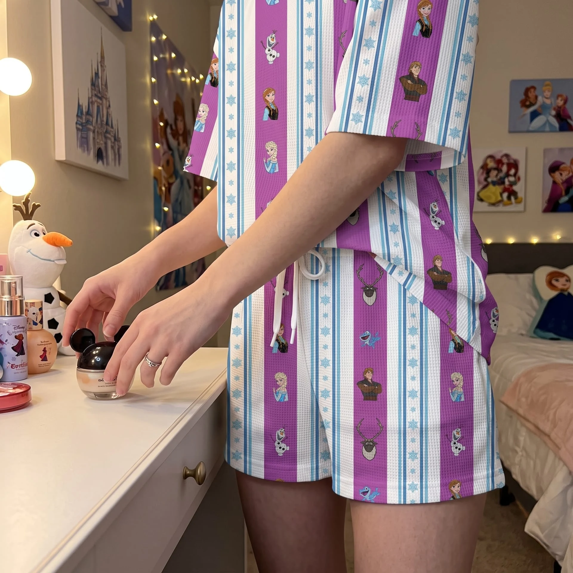 Frozen Waffle Loungewear Set, Anna Elsa Olaf Kristoff & Snowflake Stripe Character Print Pajama Outfit, Cozy Heavyweight Set - Image 2