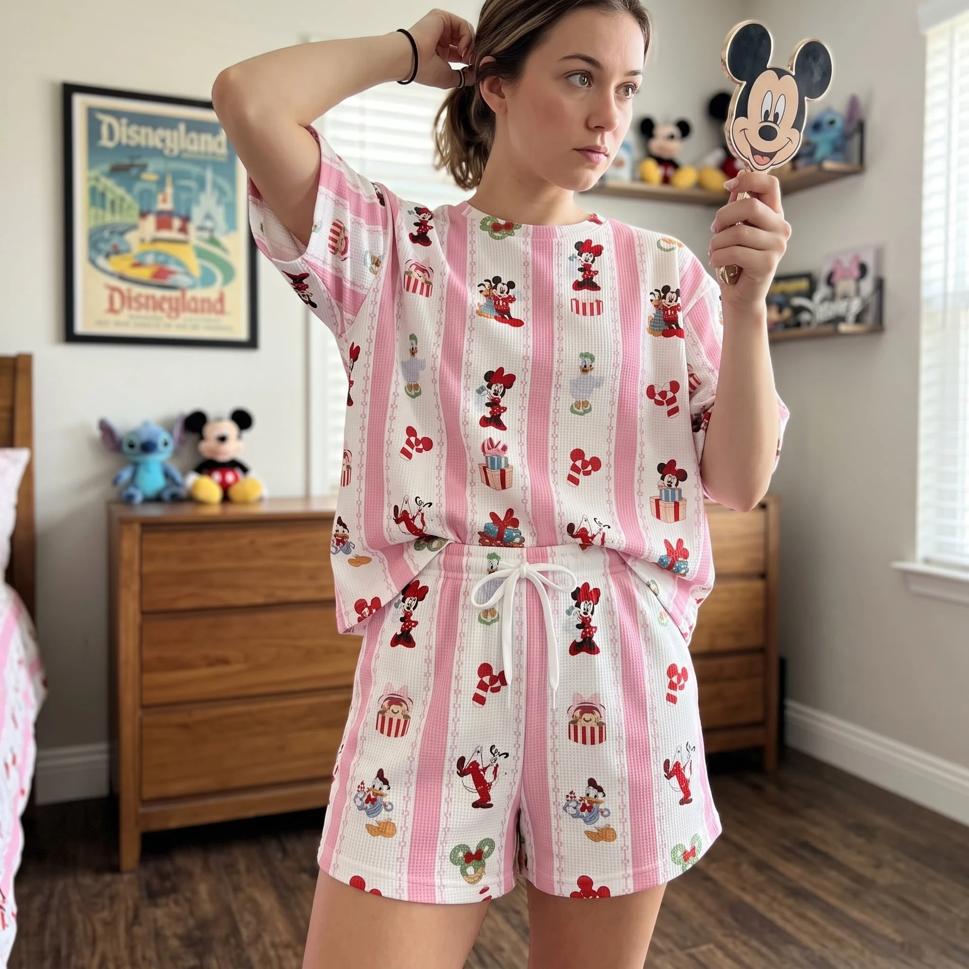 Mickey & Friends Christmas Waffle Loungewear Set, Pink Stripe Candy Cane Gift & Holiday Character Print Pajama Outfit, Cozy Heavyweight Set - Image 2