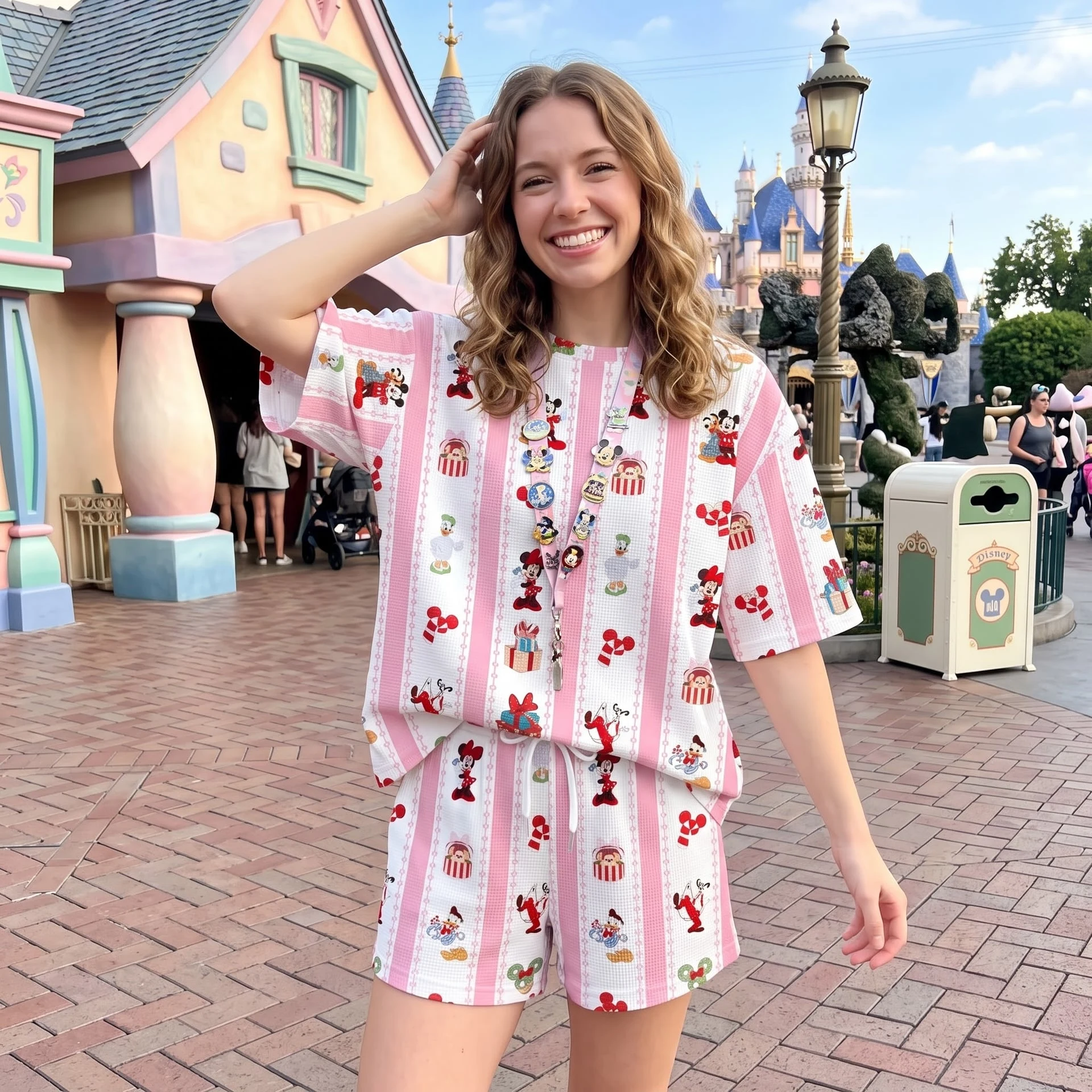 Mickey & Friends Christmas Waffle Loungewear Set, Pink Stripe Candy Cane Gift & Holiday Character Print Pajama Outfit, Cozy Heavyweight Set - Image 3