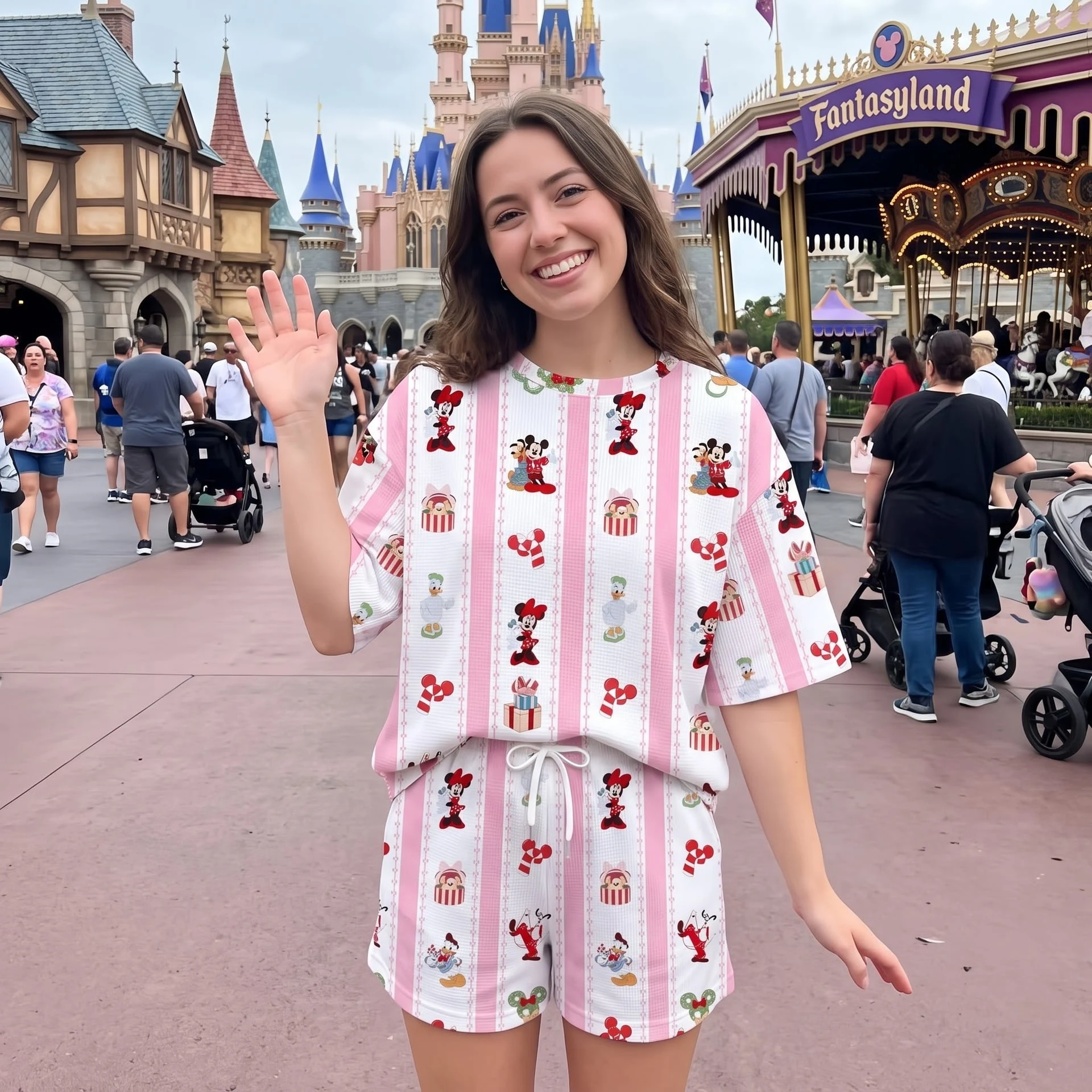 Mickey & Friends Christmas Waffle Loungewear Set, Pink Stripe Candy Cane Gift & Holiday Character Print Pajama Outfit, Cozy Heavyweight Set - Image 4