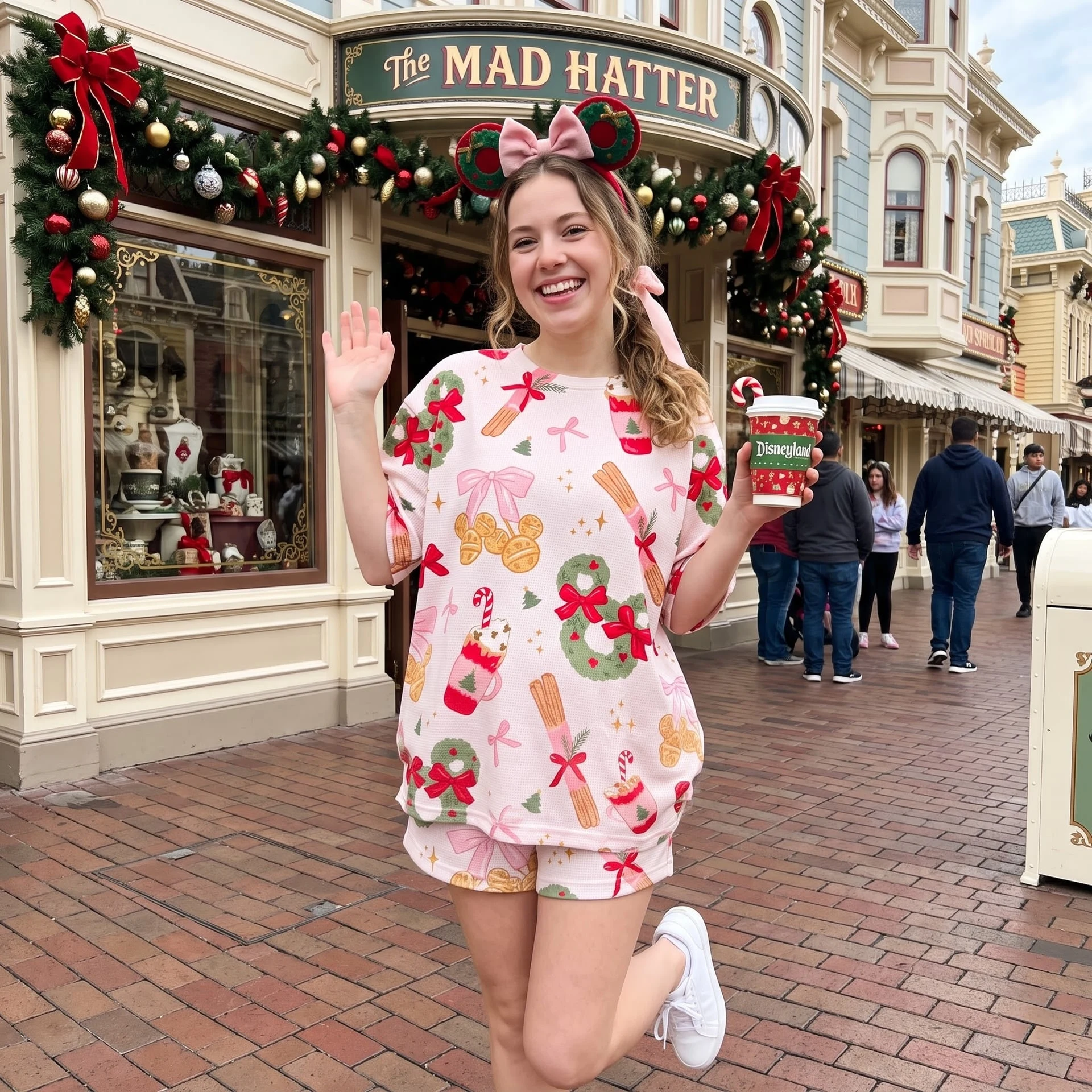 Mickey Christmas Waffle Loungewear Set, Pink Wreath Bow Cinnamon & Holiday Cocoa Print Pajama Outfit, Cozy Heavyweight Set - Image 4