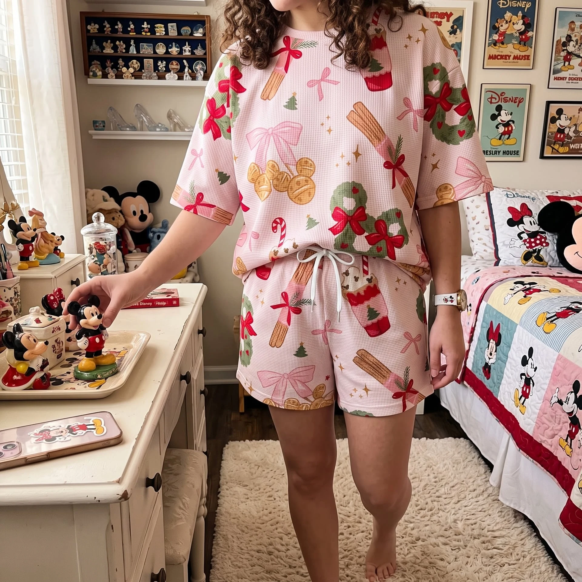 Mickey Christmas Waffle Loungewear Set, Pink Wreath Bow Cinnamon & Holiday Cocoa Print Pajama Outfit, Cozy Heavyweight Set - Image 3