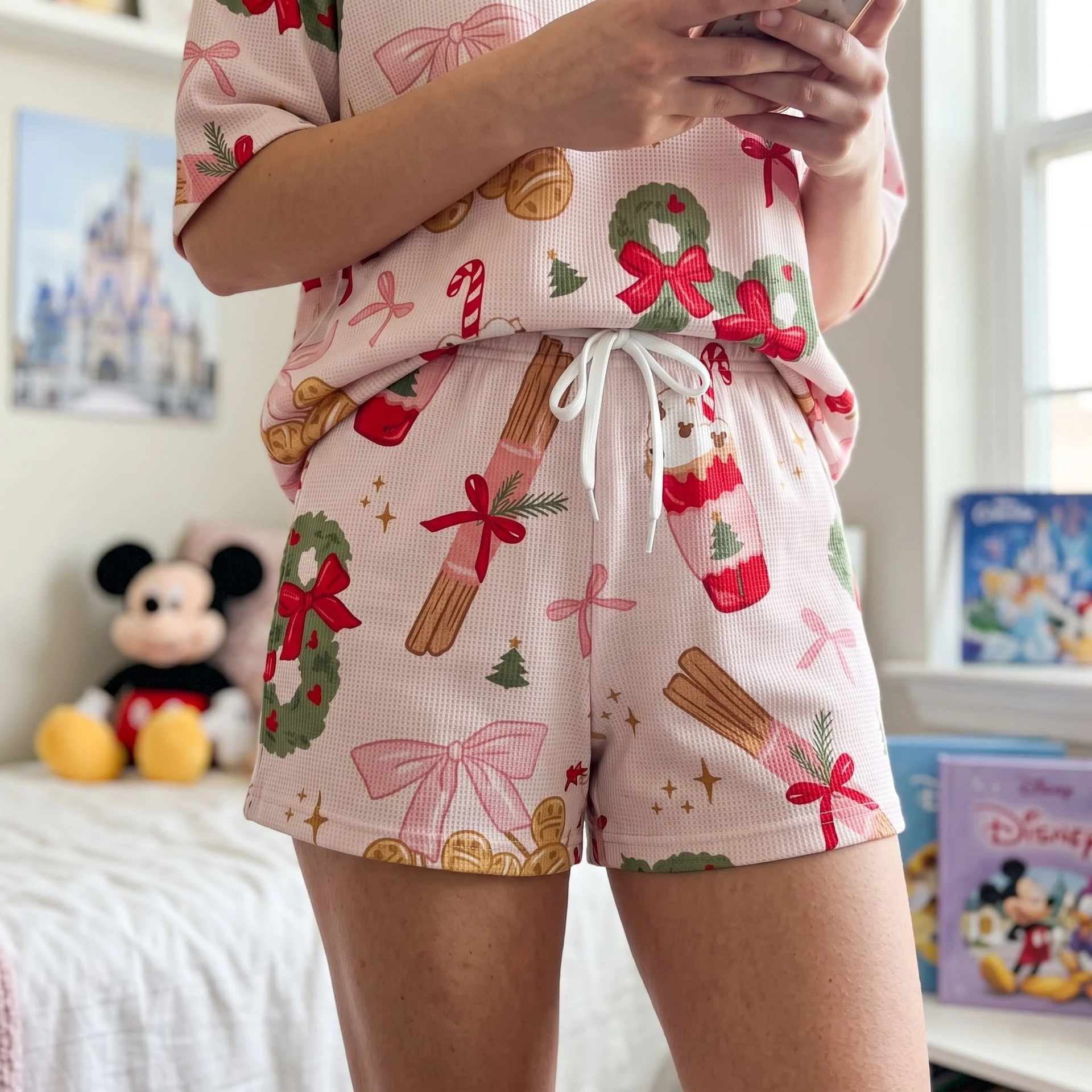 Mickey Christmas Waffle Loungewear Set, Pink Wreath Bow Cinnamon & Holiday Cocoa Print Pajama Outfit, Cozy Heavyweight Set - Image 2