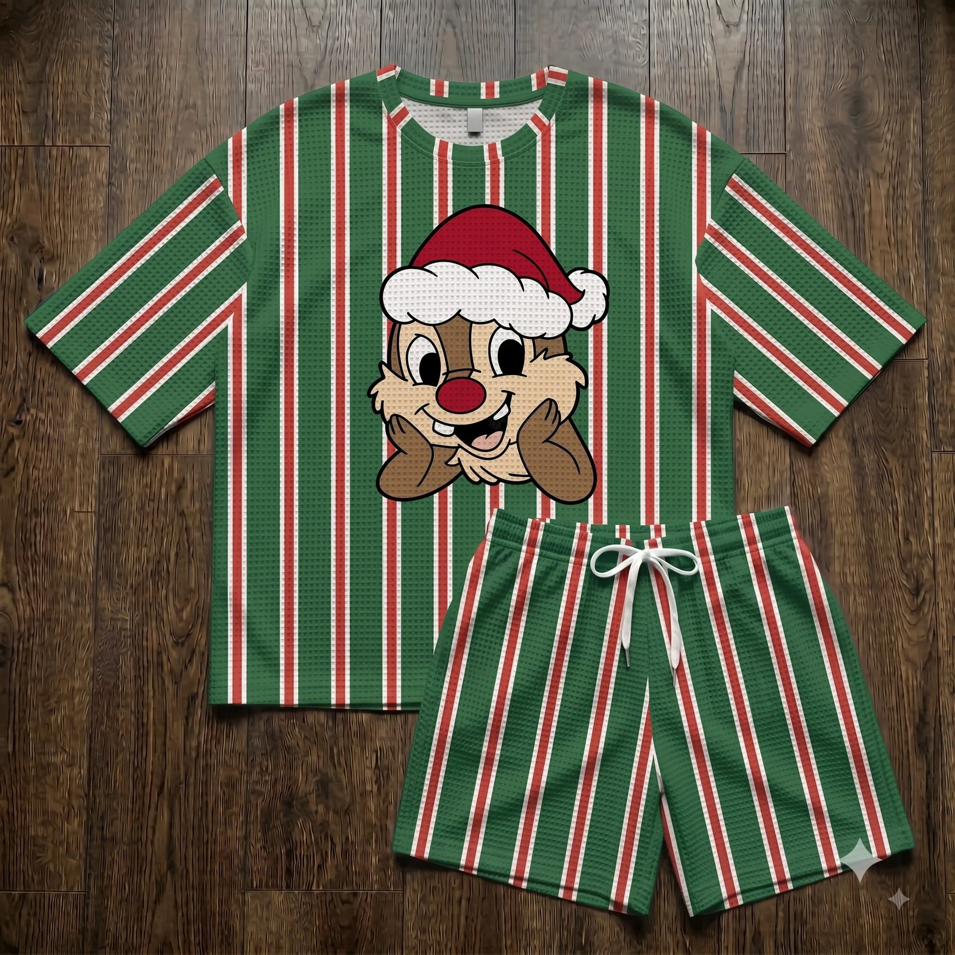 Chip & Dale Christmas Waffle Loungewear Set, Santa Hat & Green Red Stripe Character Pajama Outfit, Cozy Heavyweight Set