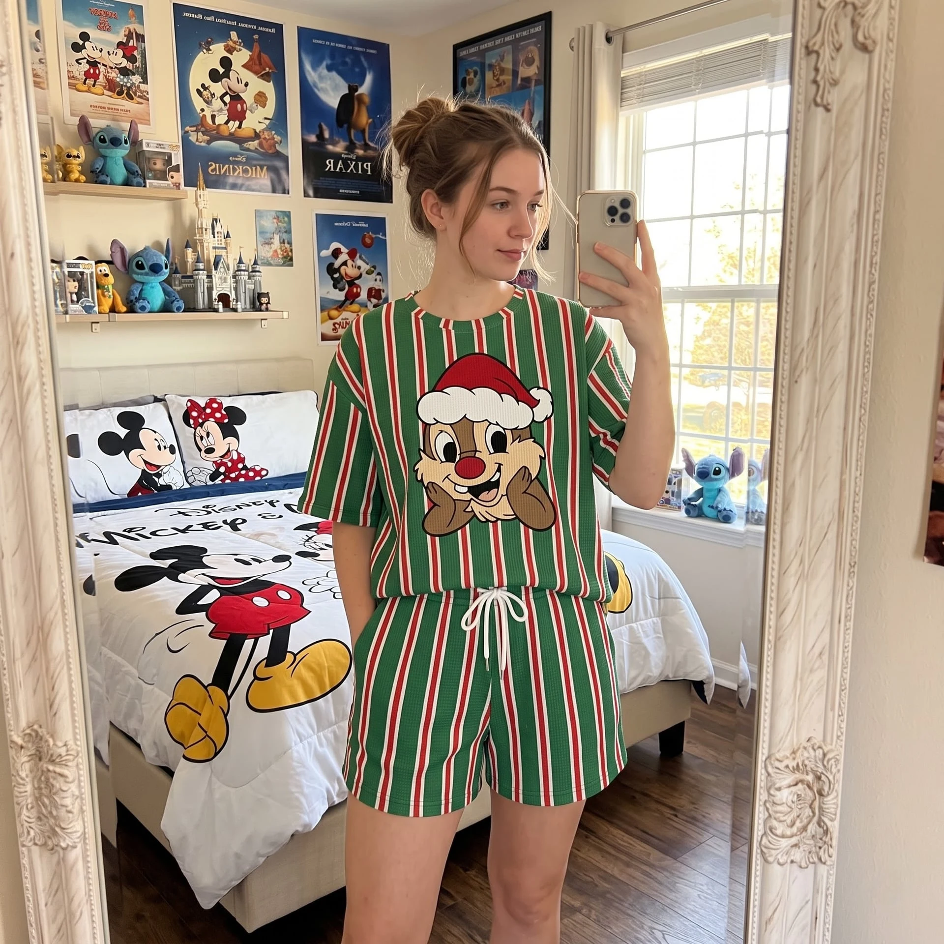 Chip & Dale Christmas Waffle Loungewear Set, Santa Hat & Green Red Stripe Character Pajama Outfit, Cozy Heavyweight Set - Image 2