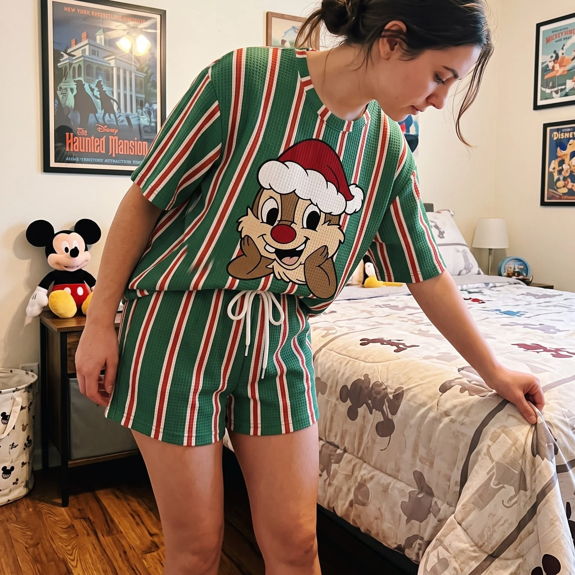 Chip & Dale Christmas Waffle Loungewear Set, Santa Hat & Green Red Stripe Character Pajama Outfit, Cozy Heavyweight Set - Image 3