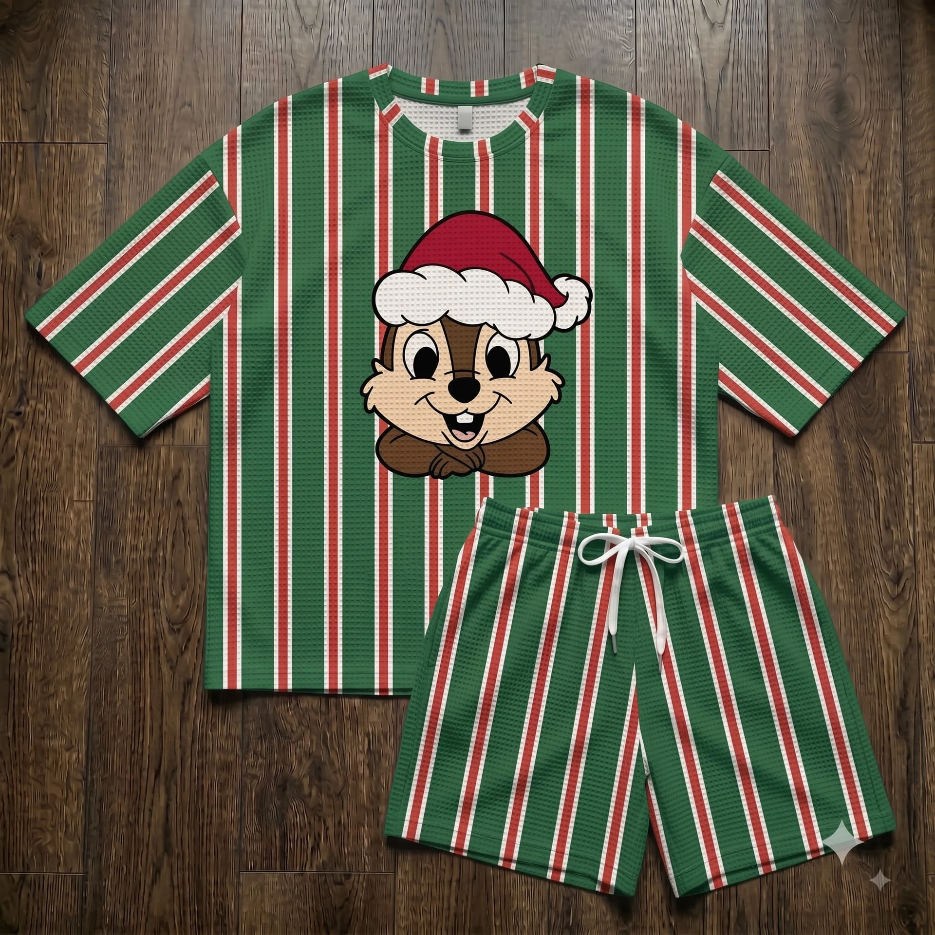 Chip Christmas Waffle Loungewear Set, Santa Hat & Green Red Stripe Character Pajama Outfit, Cozy Heavyweight Set